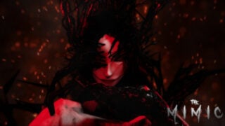 promo image for the mimic on roblox, there is a woman covered in black branches as she smirks with a wide mouth, there are embers floating behind her as the game's name is written in the bottom right is a scratchy font