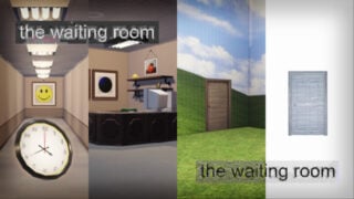 promo image for the waiting room on roblox, with 4 different screenshots from the game, from the left is a cloack that is flying towards a smiley face portrait on the wall at the end of the corridor, the next image is of an office set up in a cubicle, the third is a room that has fake grass and the walls are covered in a cloudy sky and green hills as a door is placed in the corner, and the last image is of a door in an empty white space, the game's name is glitchy as it appears twice on the image