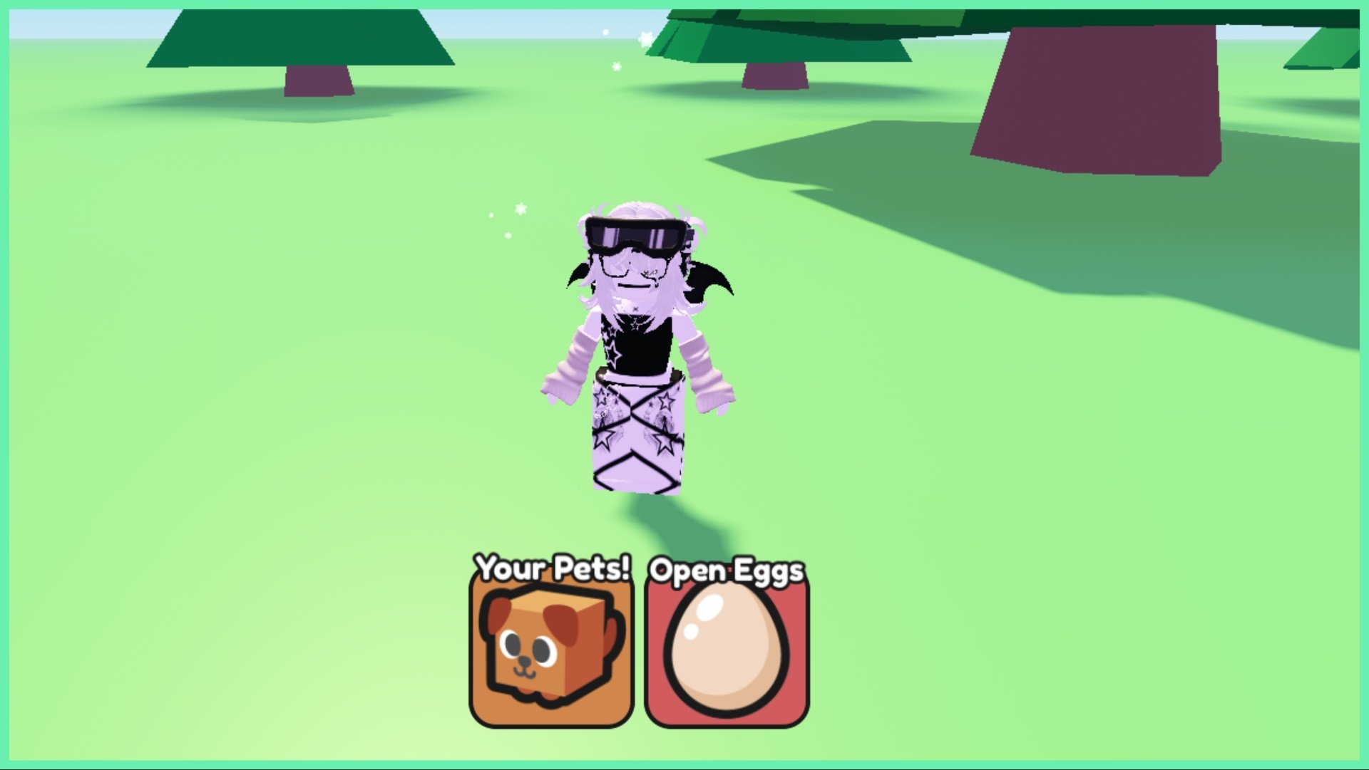 the image shows my avatar stood in an open grassy area whilst being completely still to earn points. In the bottom are two buttons for PETS and EGGS.