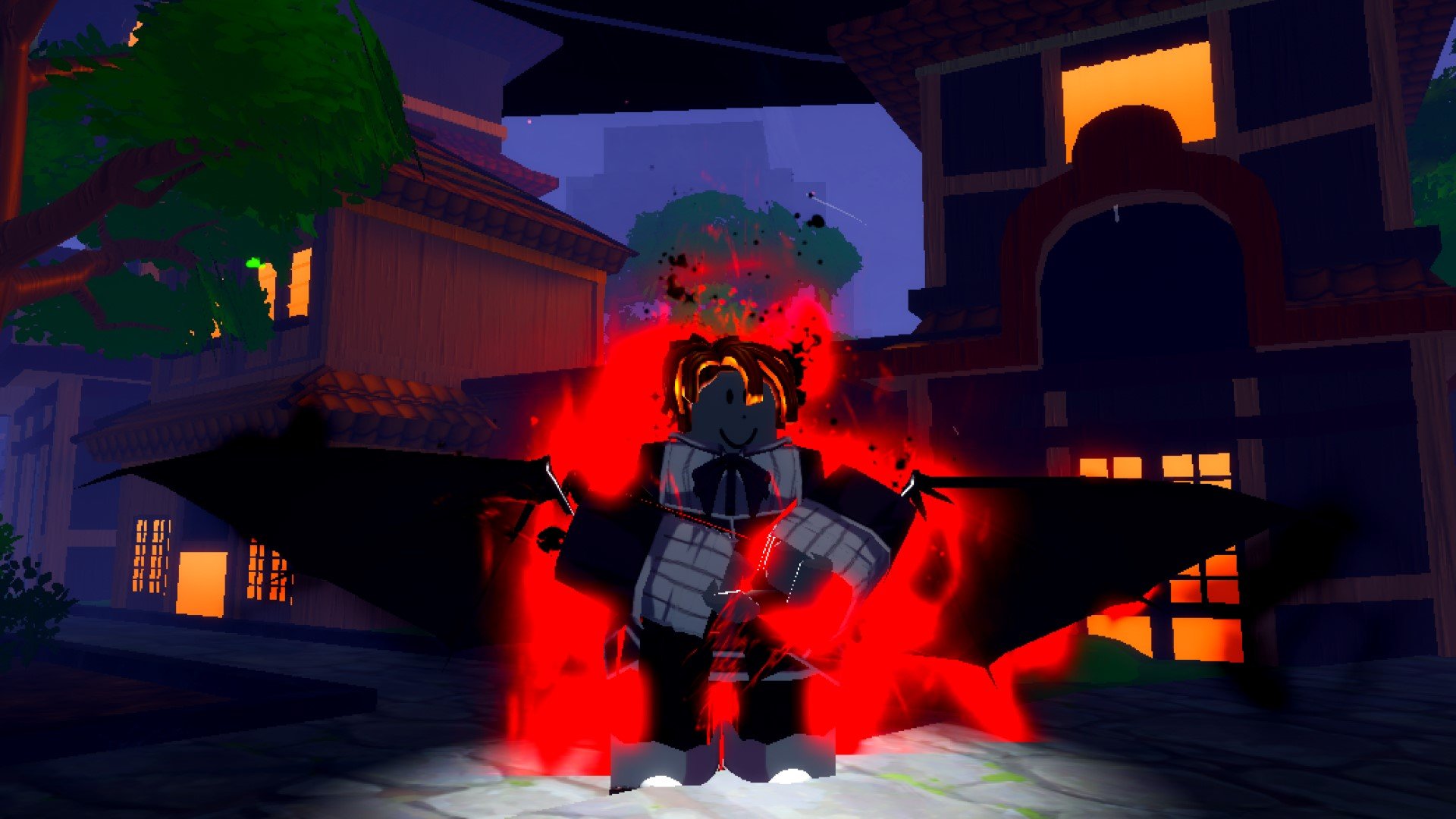 A character from Roblox game Anime Last Stand. They have the Red Dragon Empress Blessing equipped, and they're standing in an urban area at night.
