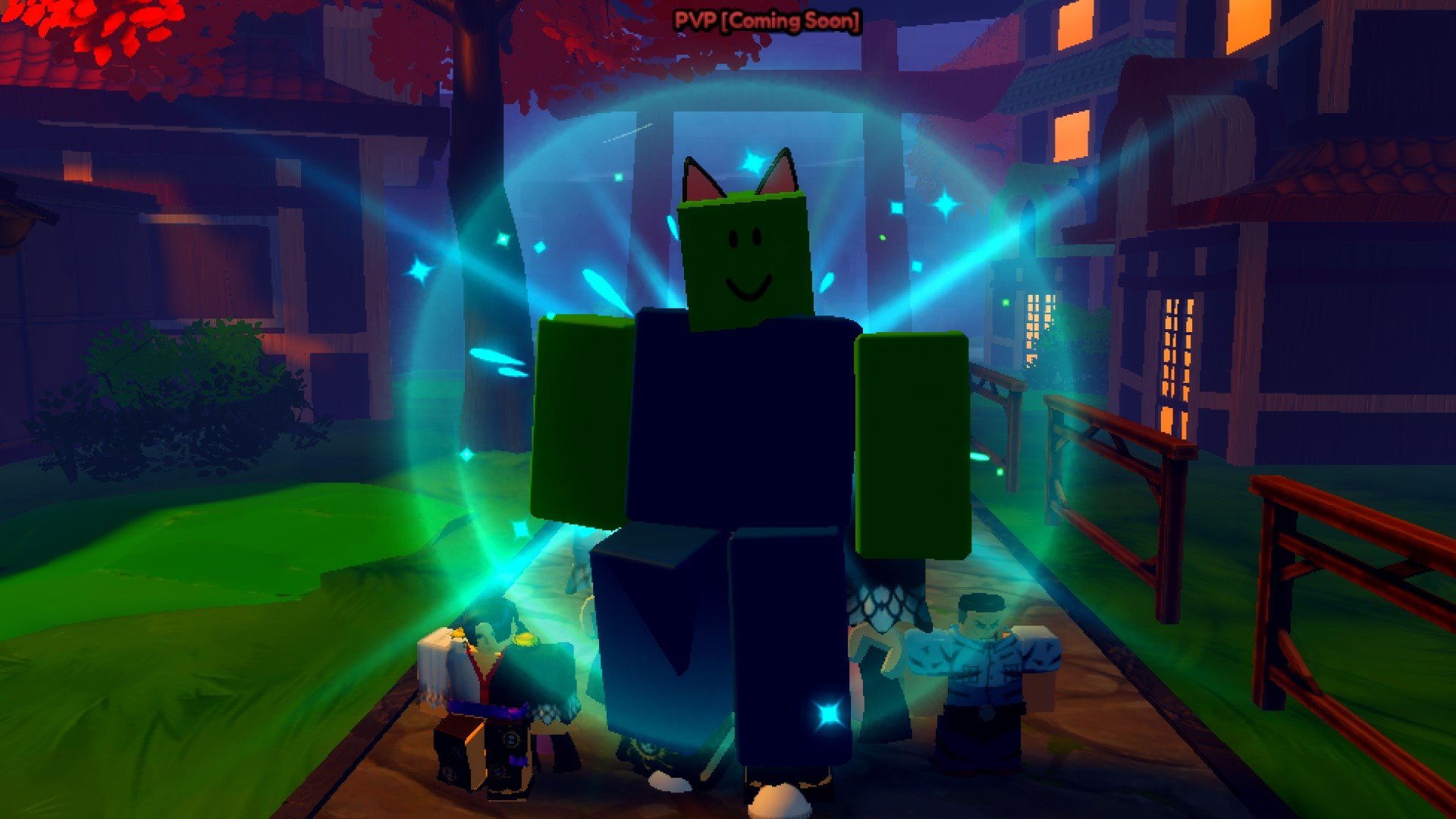 The Bobak Unit from Roblox game Anime Last Stand. It's surrounded by a glowing green aura, and there's a tranquil village scene in the background.