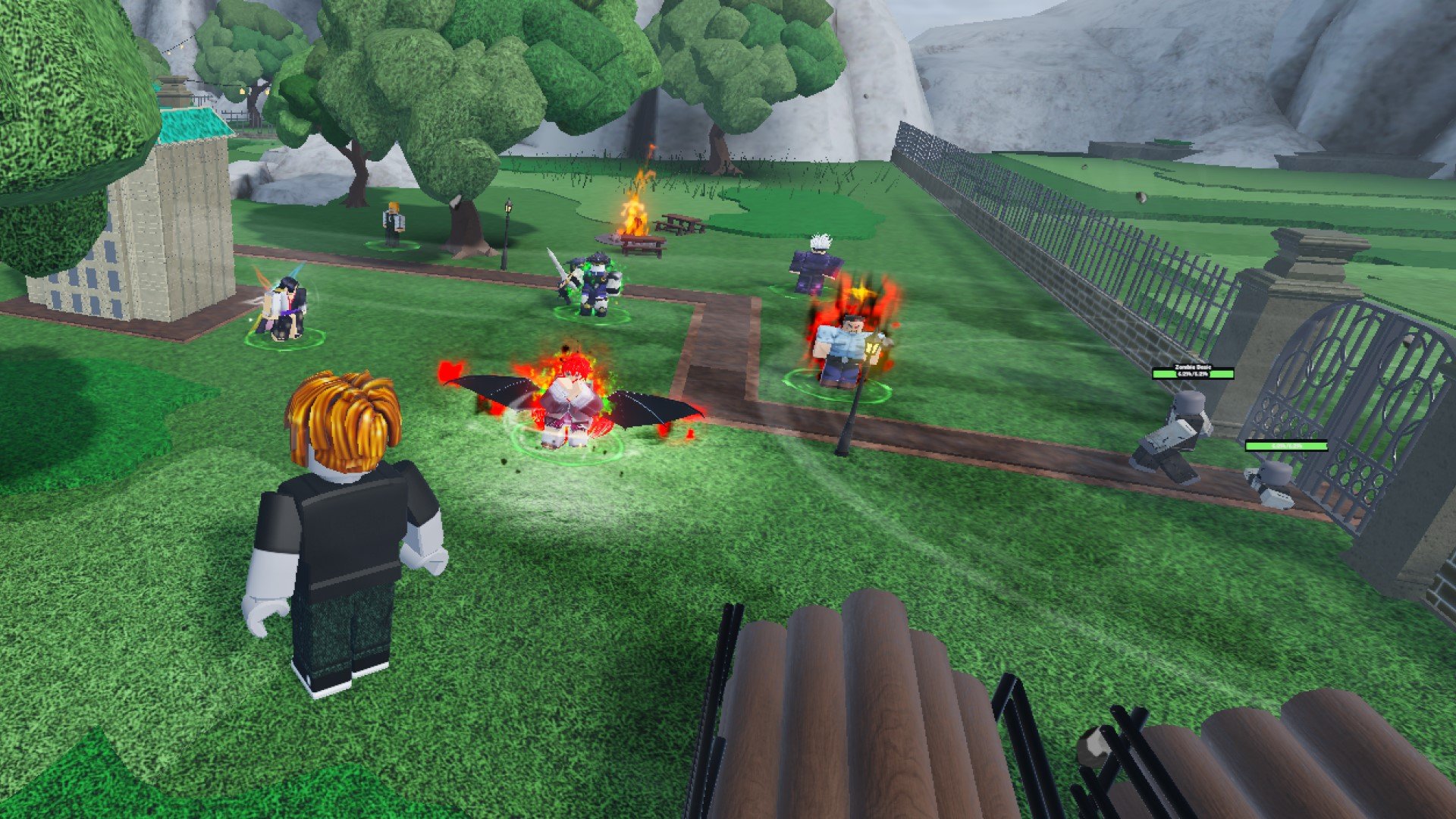 A character from Roblox game Anime Last Stand standing next to a group of six Units. The Units are clustered near a gate in the Star Mansion stage.