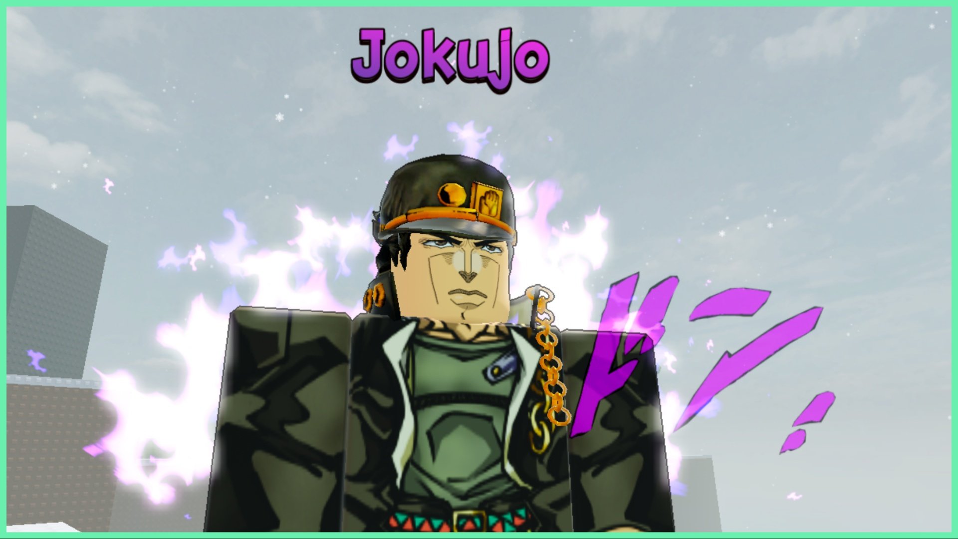 The image shows a close up face shot of Jotaro from JJBA in the Roblox art style. Purple japanese lettering is on his shoulder. Behind him is all white snowy weather