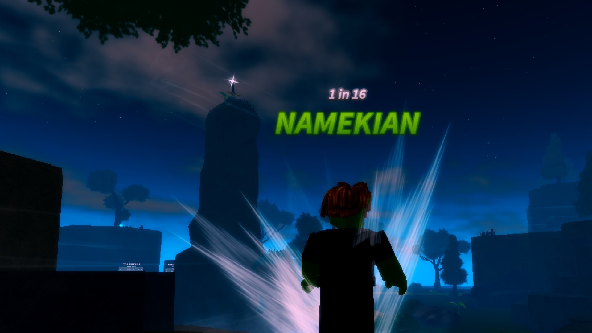 A character from Roblox game Anime Roulette looking out over a cliff at night. They have the Namekian Title equipped. In the distance, a light shines atop a pillar.