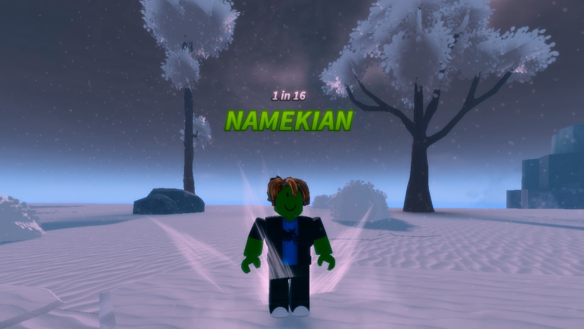 A character from Roblox game Anime Roulette standing on a snowy plain with two trees in the background. They have the Namekian Title equipped.