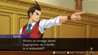 Apollo Justice points his finger accusatorily in court in Apollo Justice: Ace Attorney Trilogy.