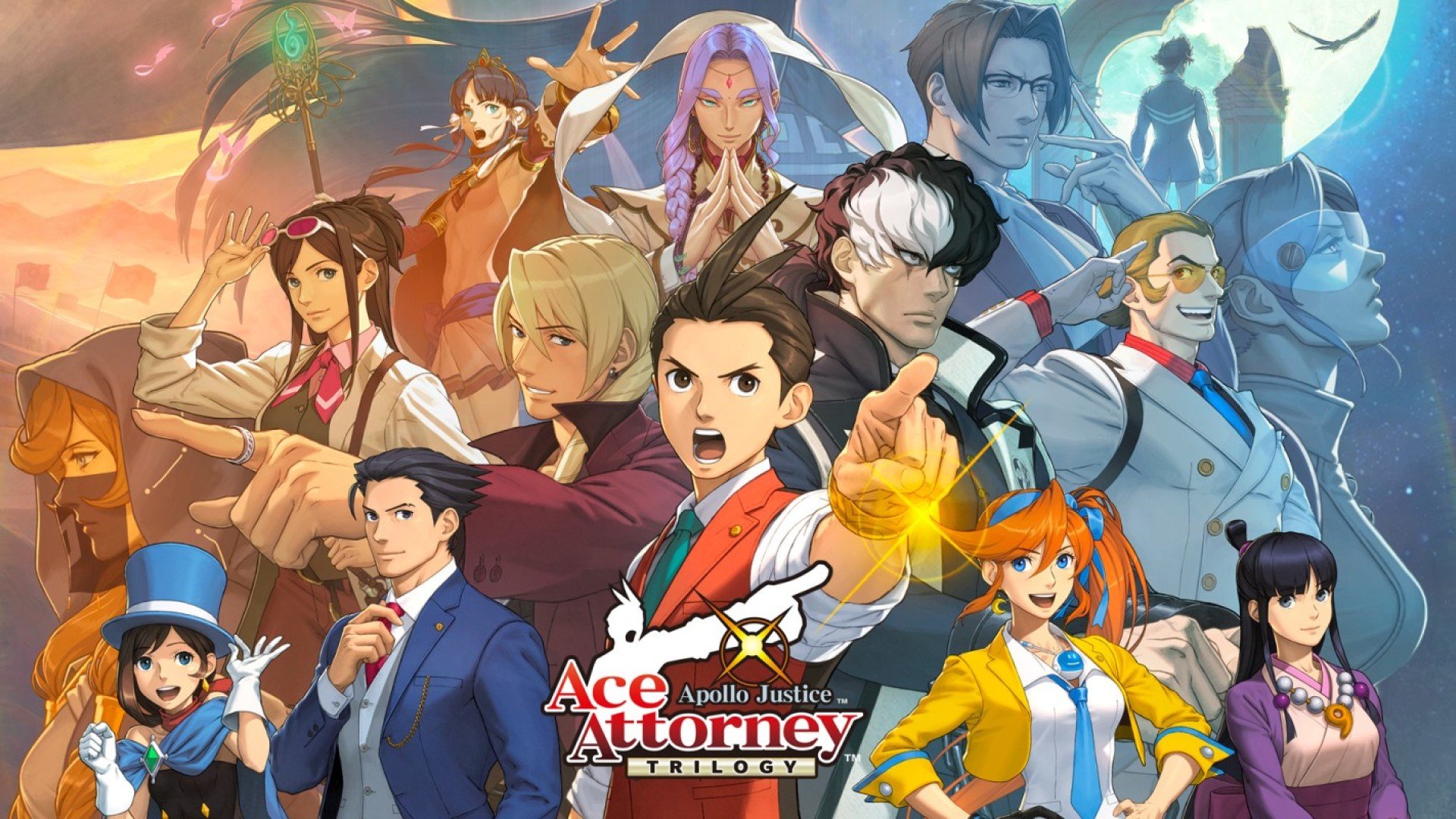 Key art from Apollo Justice: Ace Attorney Trilogy, showing many of the main characters from the game.