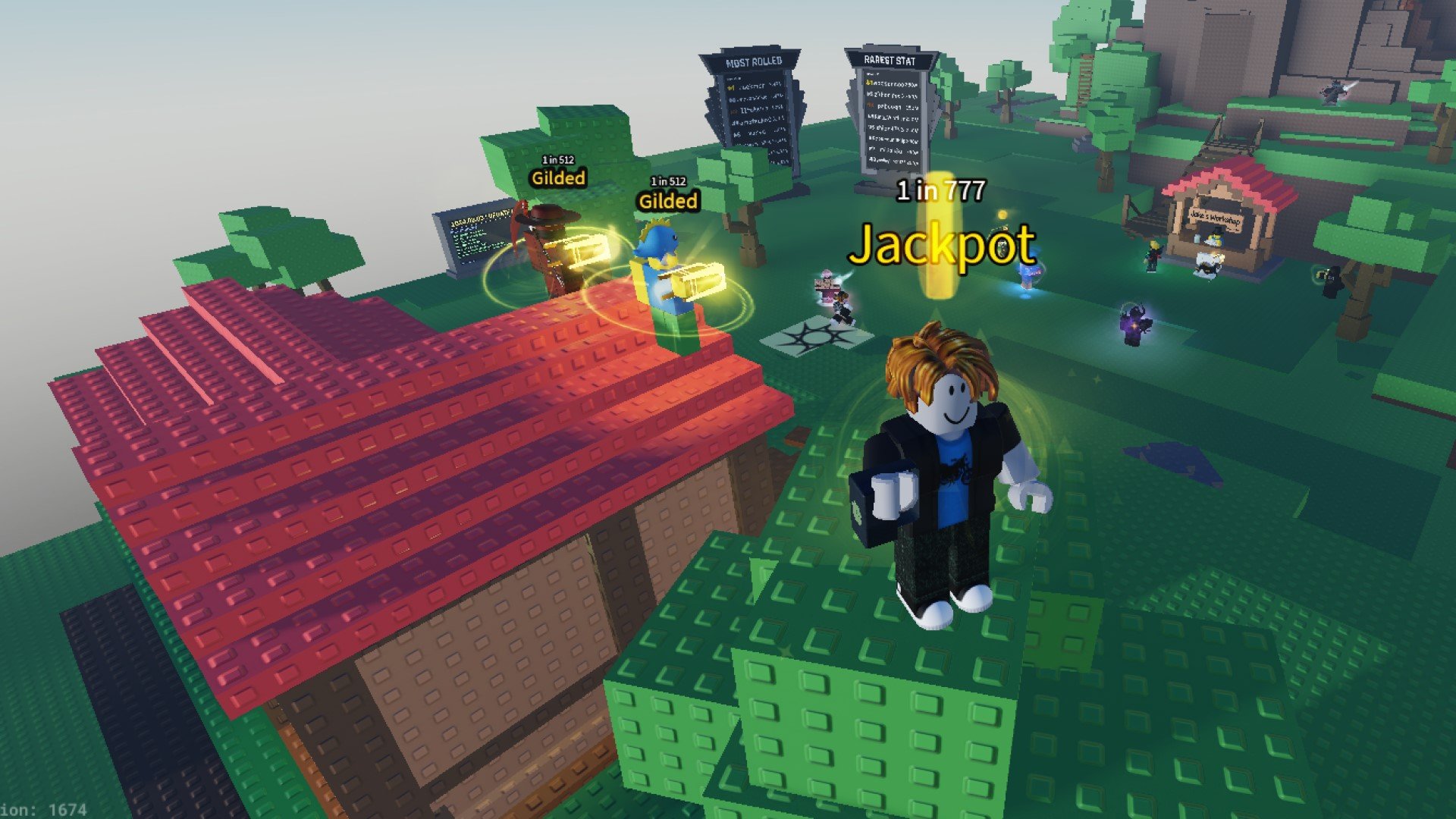 A character from Roblox game Sols RNG standing on a tree by a red-roofed house.