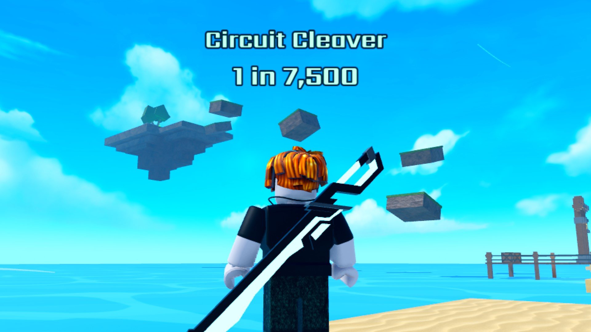 A character from Roblox game Blades of Chance looking out over the floating Parkour section in the game. They have the Circuit Cleaver Blade equipped.