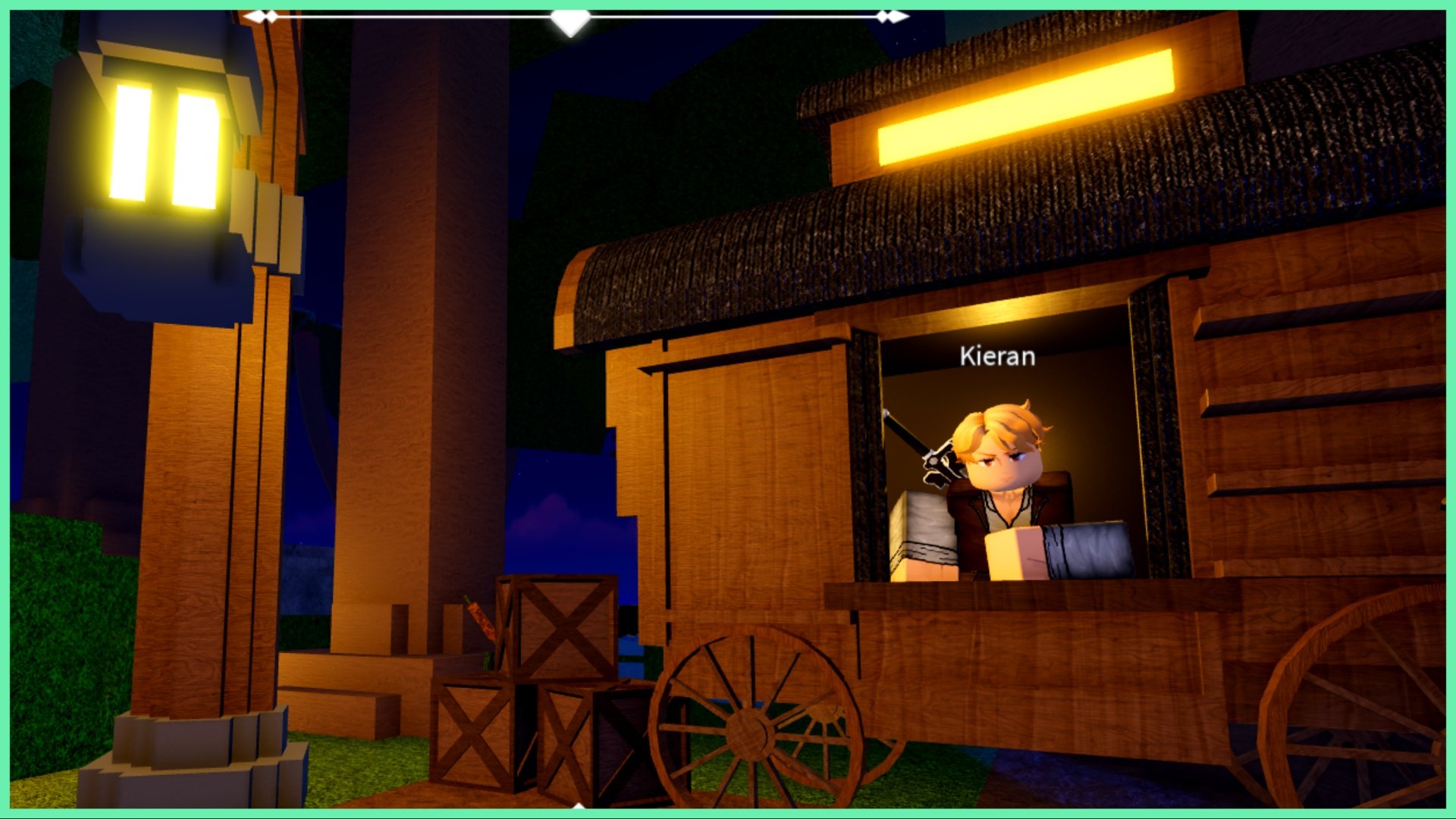 The image shows the crafting station which is a wooden shack with a male npc leaning out of a window from the inside facing the player. It is nighttime so the surrounding scenery is dark and hard to depict. The shack has an overcast lantern to illuminate the front in a golden hue