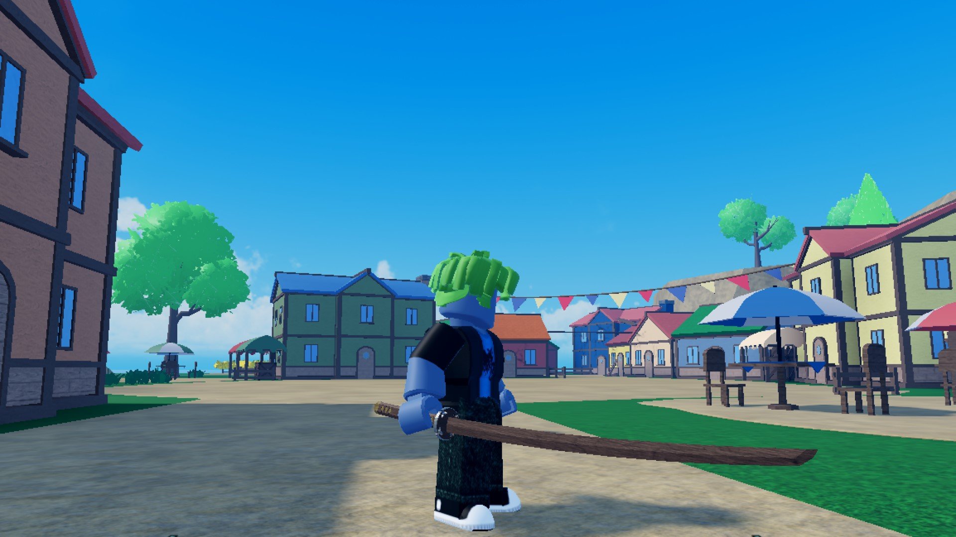 A character from Roblox game Cursed Sea standing near a seaside town. They're holding a katana.