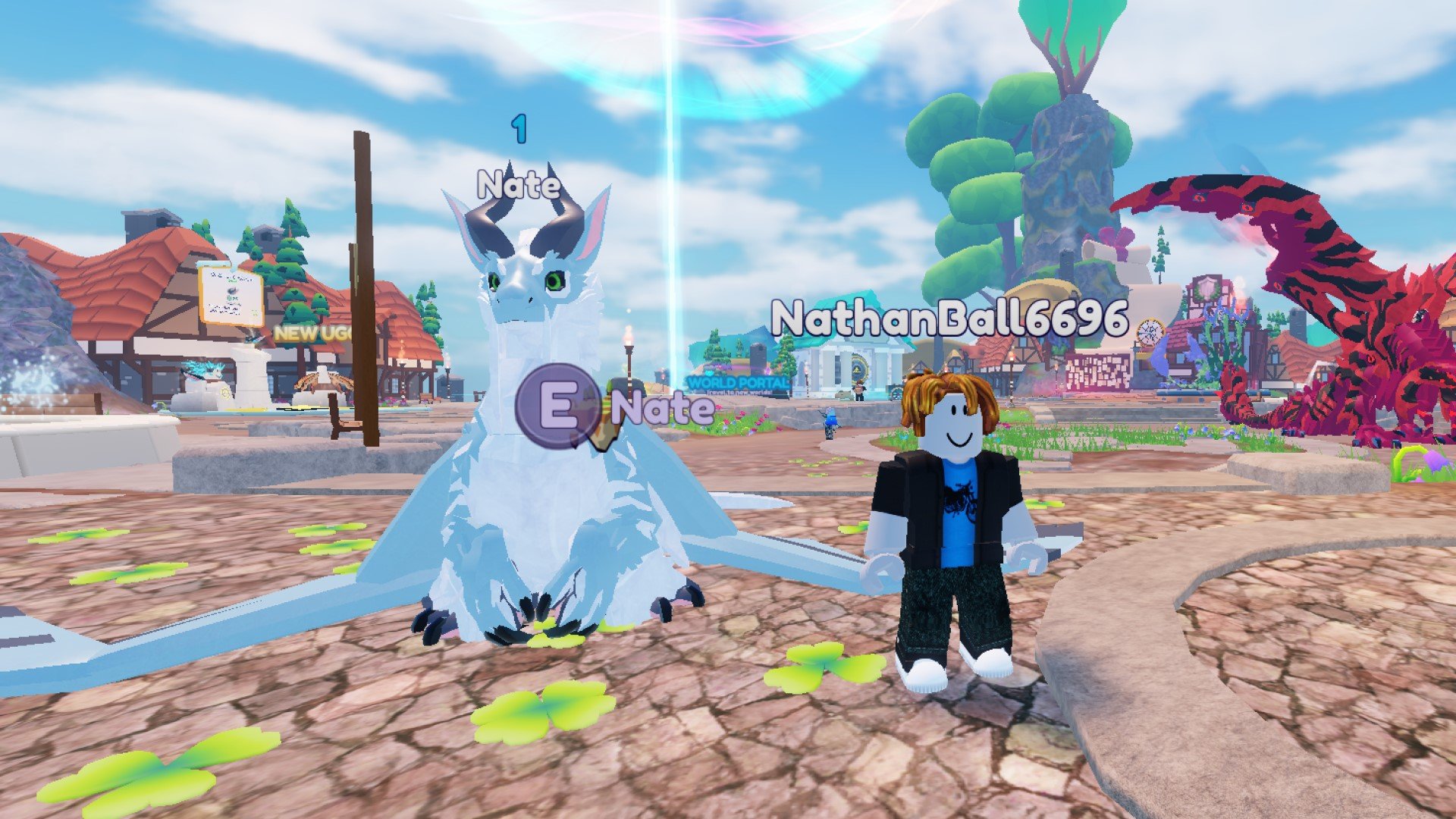 A character from Roblox game Dragon Adventures standing next to their dragon.