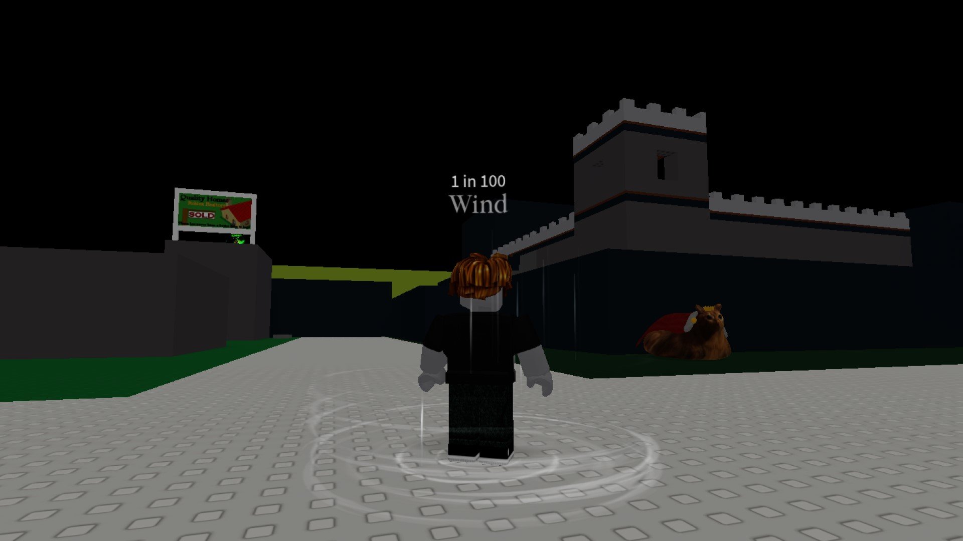 A character from Roblox game Hades RNG looking over at a castle turret and the Gwa Gwa Boss. It has the Wind Aura equipped.