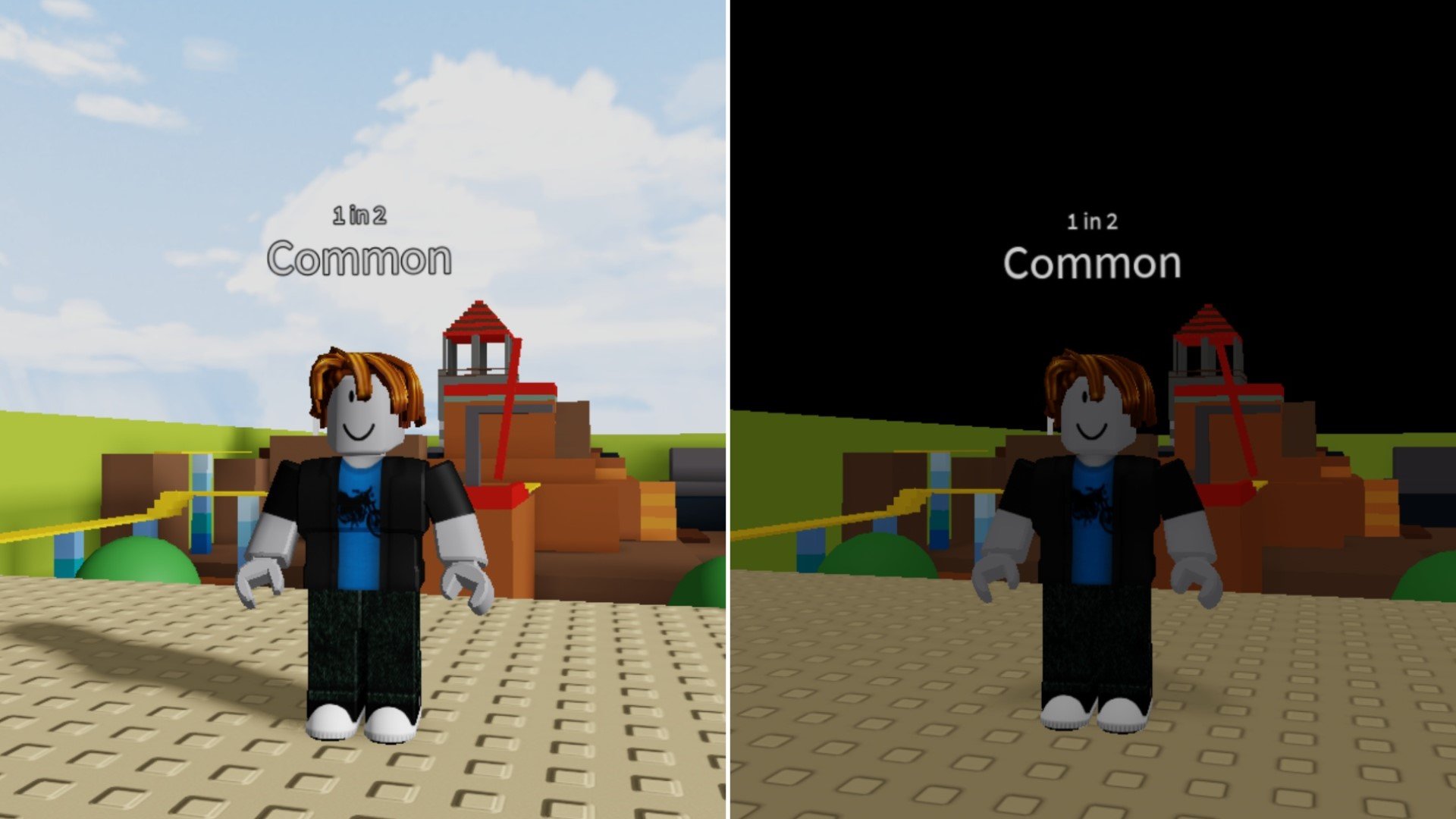 Two images of a character from Roblox game Hades RNG. The images show the same scene at both Day and Night time in-game.