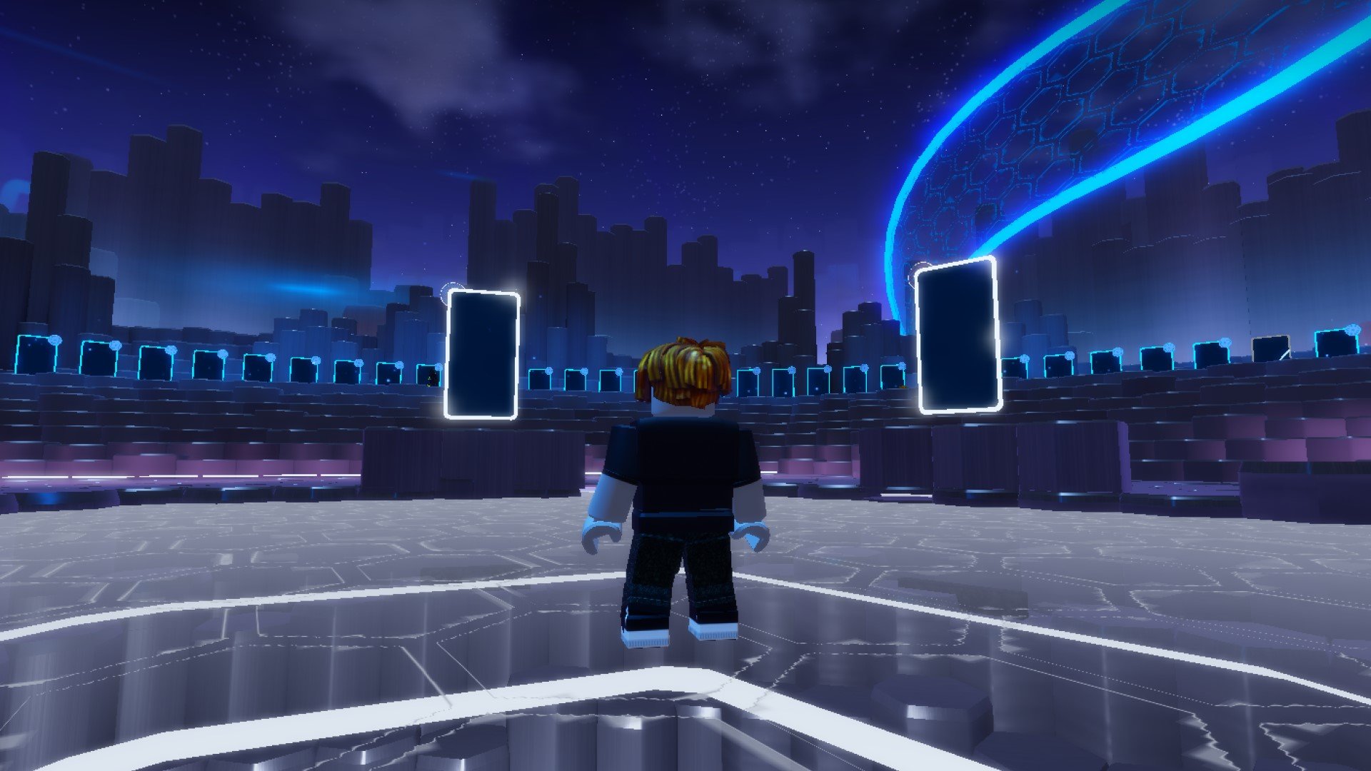 A character from Roblox game The Hunt: First Edition standing in front of a series of door-like portals.