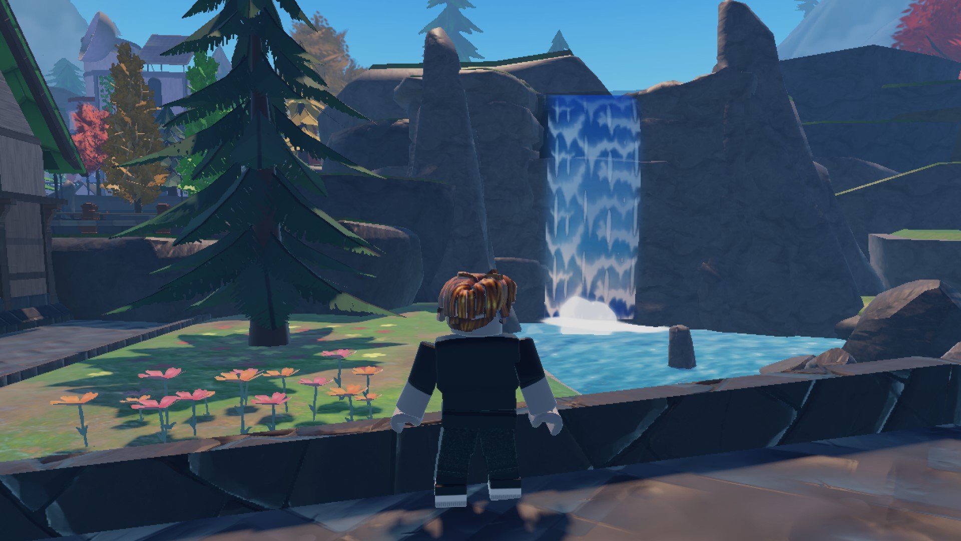 A character from Roblox game Tales of Tanorio looking at a waterfall.