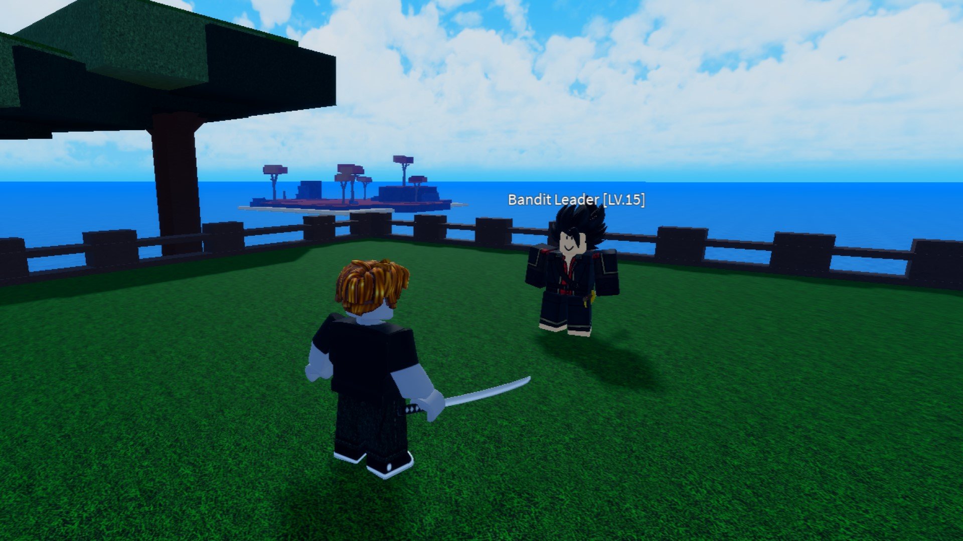A character from Roblox game Second Piece facing down a Bandit Leader, Katana in hand. In the background, bright blue skies filled with clouds.