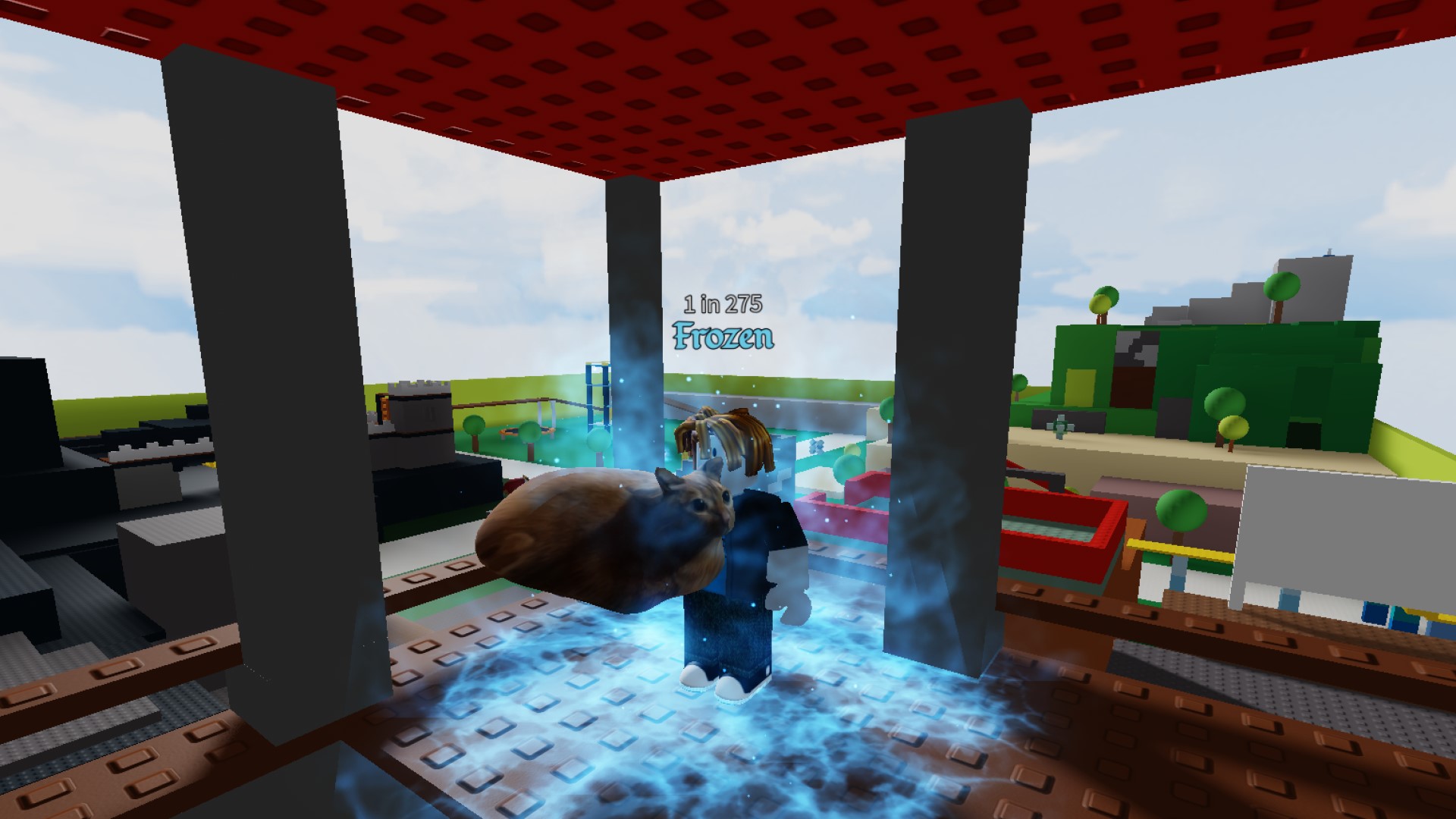 A character from Roblox game Hades RNG standing on a tower overlooking the map. They have the Frozen Aura equipped and are holding a Gwa Gwa.