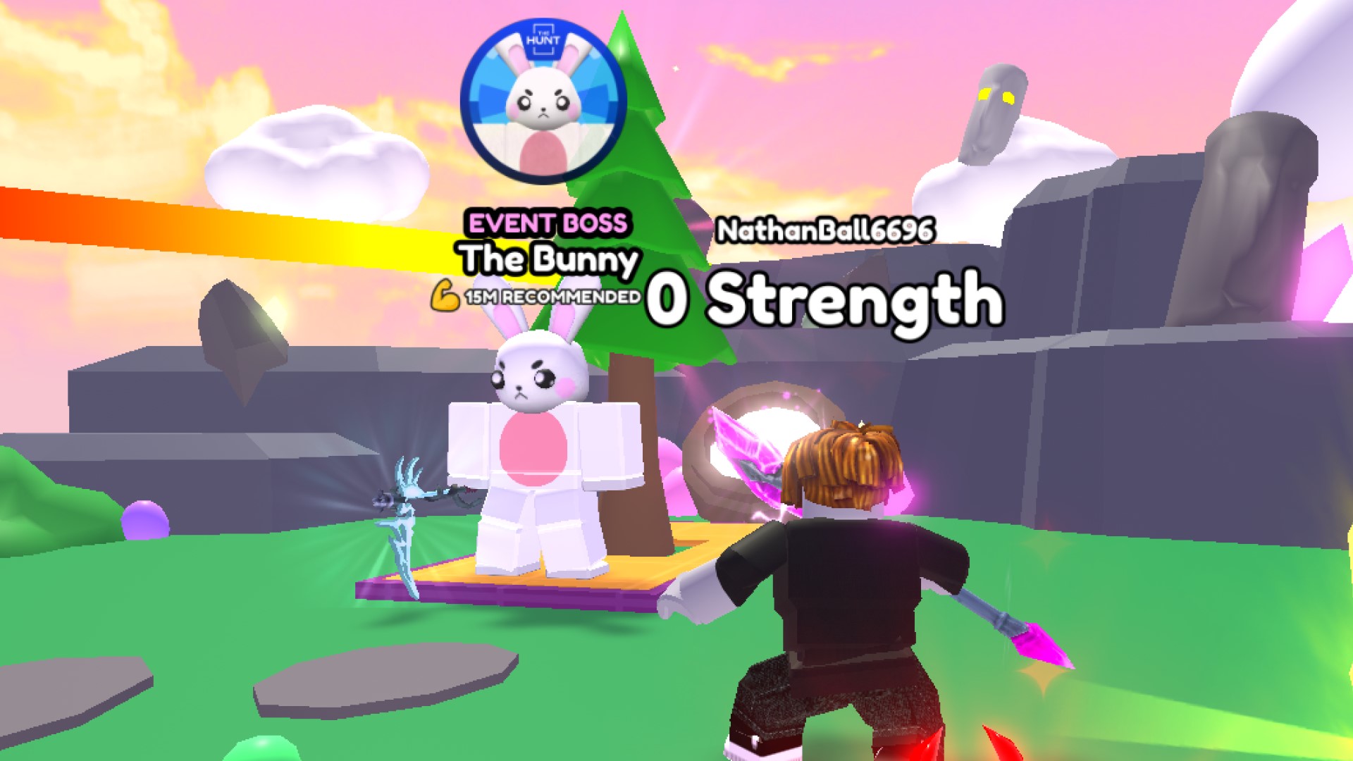 A character from Roblox game Lumberjack Simulator standing in front of The Bunny, a boss added during The Hunt event.