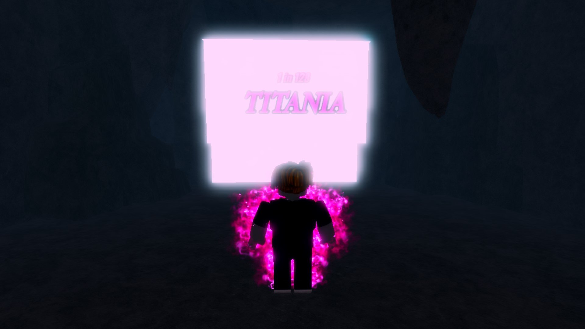 A character from Roblox game Anime Roulette standing in front of a glowing doorway. They have the Titania Aura equipped.