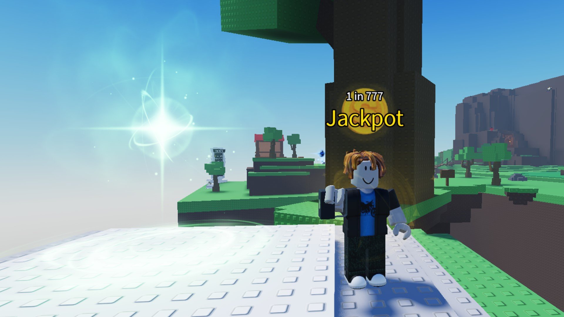 A character from Roblox game Sols rNG standing next to a green light. They have the Jackpot Aura equipped, and a tall tree stands in the background.