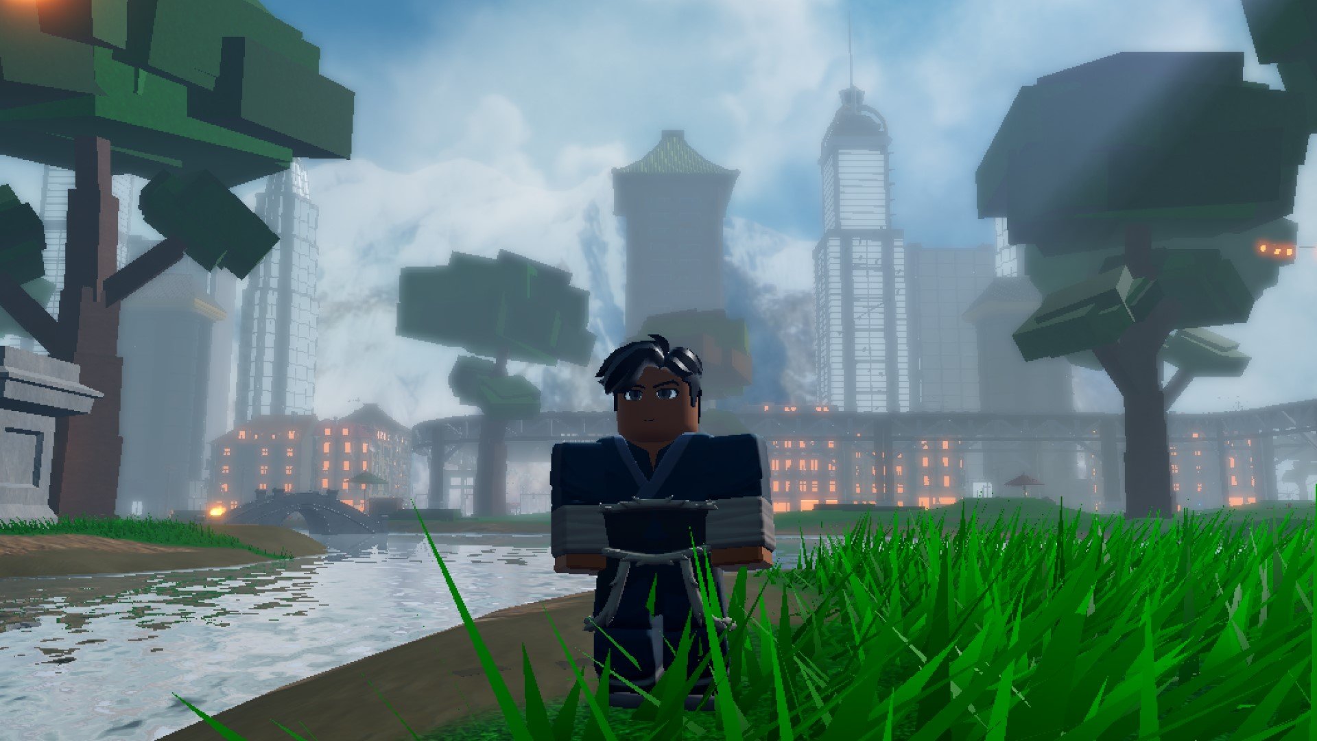 A character from Roblox game RoBending standing by a river. In the background, high-rise urban buildings are visible.