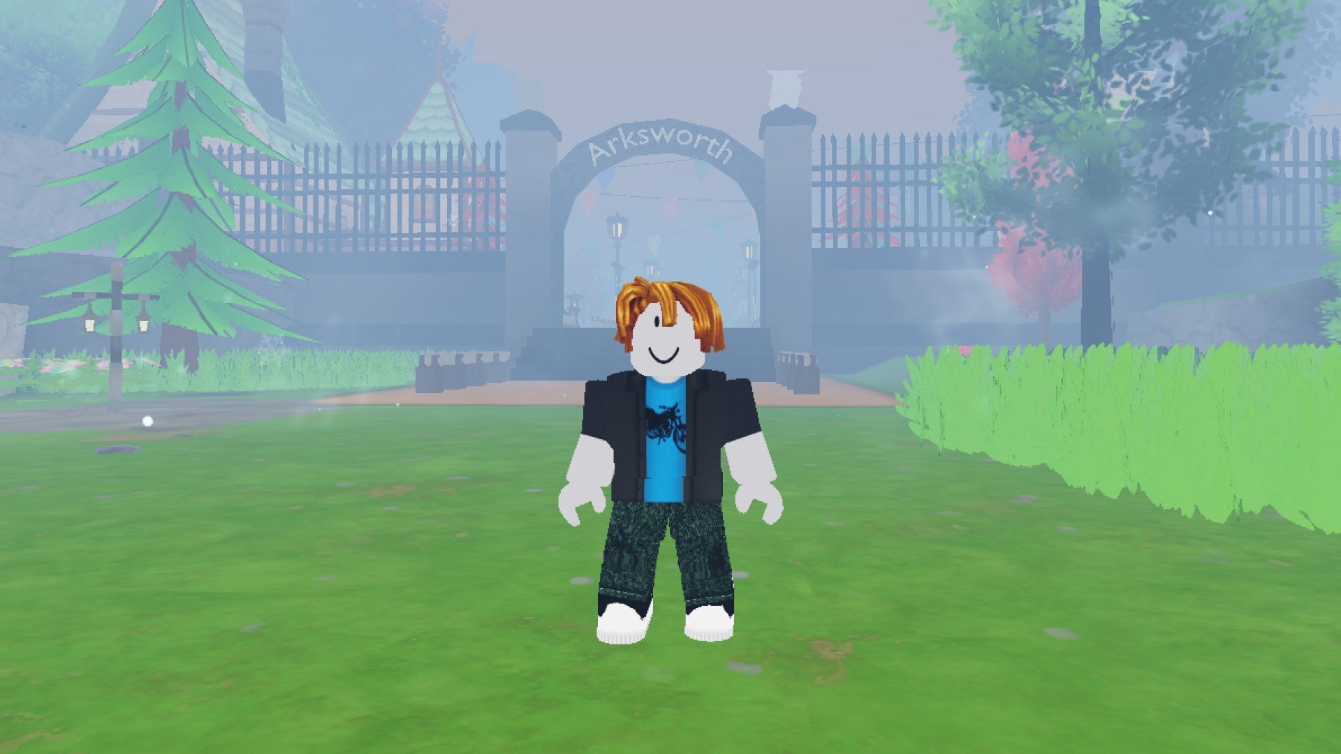 A character from Roblox game Tales of Tanorio standing in front of the entrance to Arksworth.
