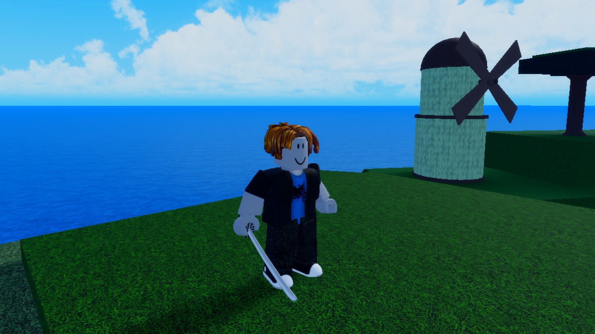 A character from Roblox game Second Piece standing on top of a tree. In the background, the sea and some clouds. A windmill is also visible on the right.