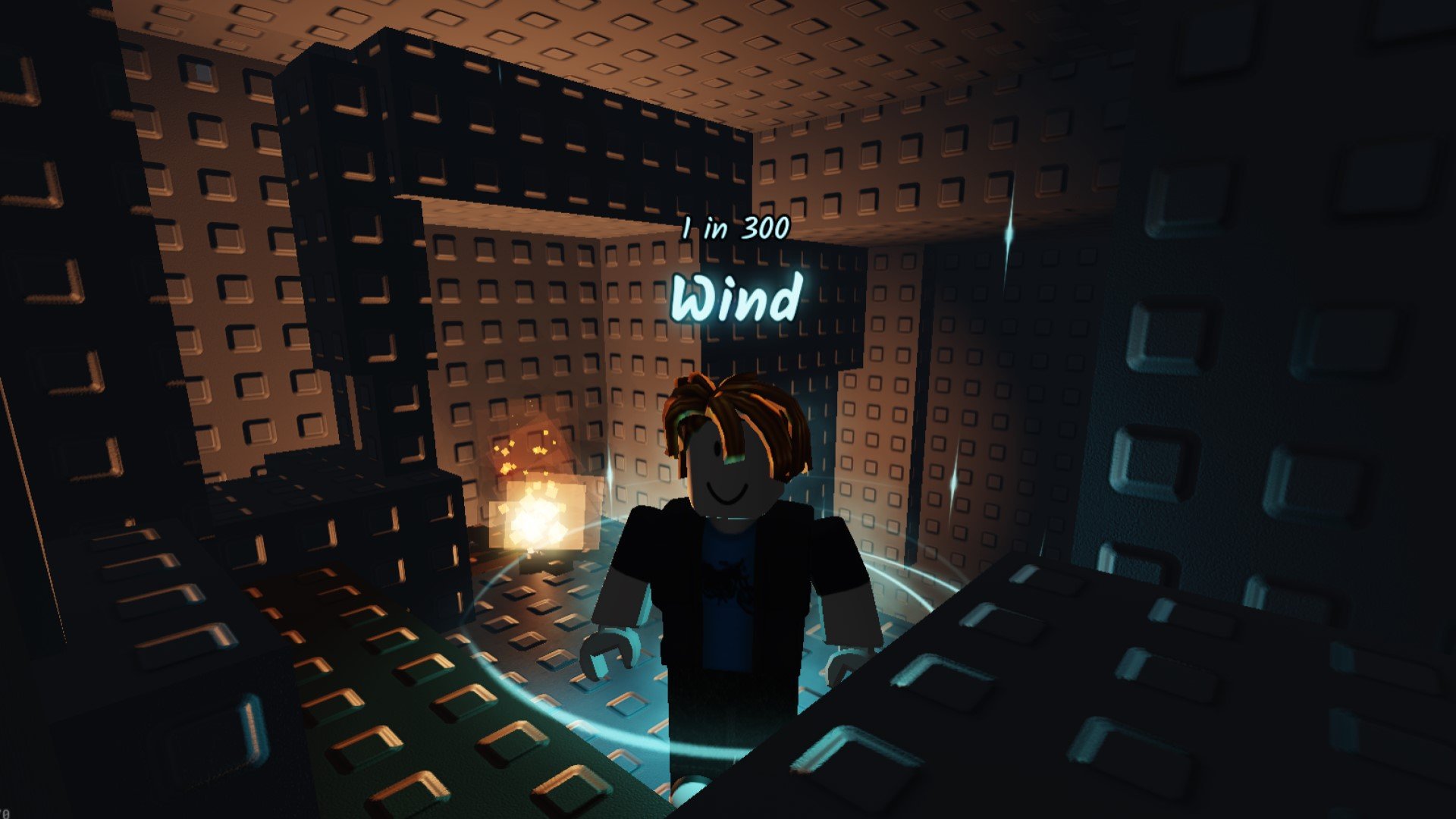 A character from Roblox game Sols RNG standing in a cave. A fire burns in the background, lighting the room.