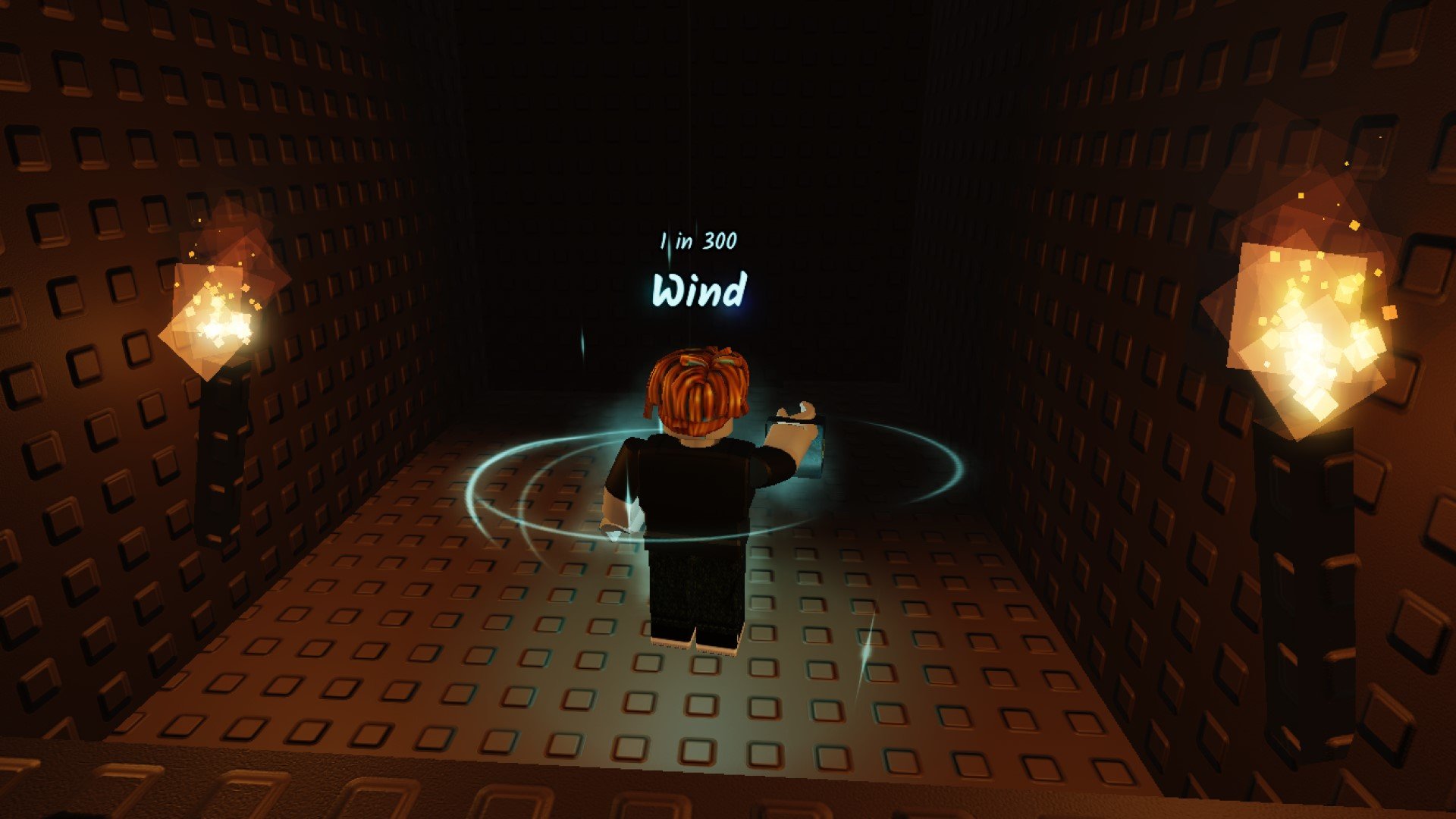 A character from Roblox game Sols RNG standing in a dark mineshaft. Two flaming torches sit on either side of the scene.