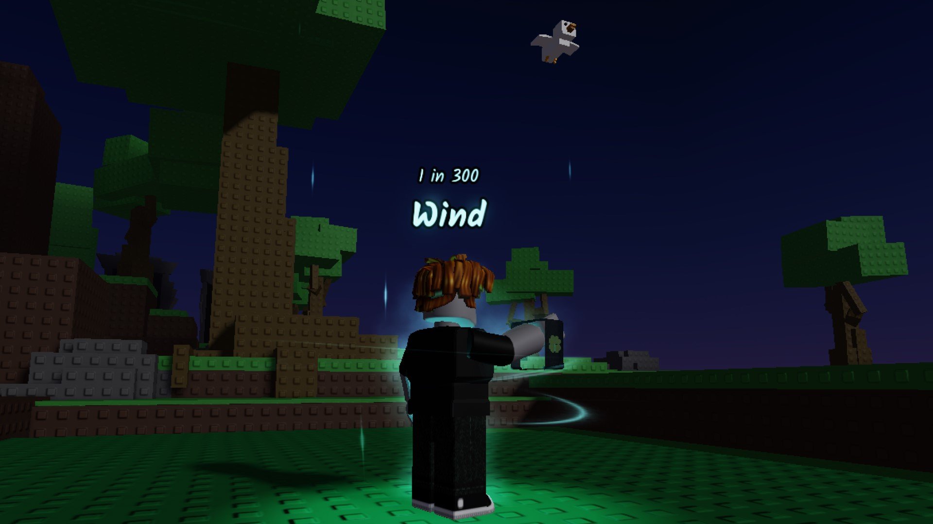 A character from Roblox game Sols RNG. They're standing near a tree at night, and there's a white bird flying overhead.
