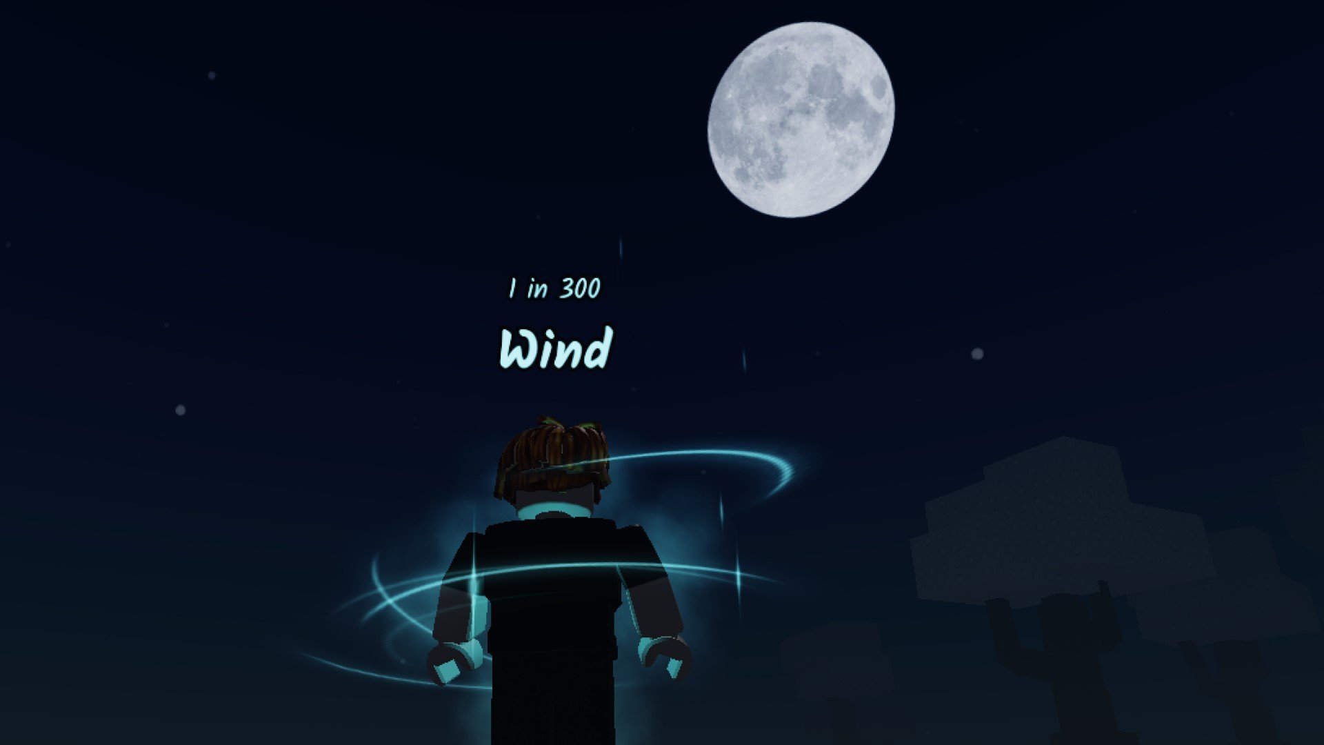 A character from Roblox game Sols RNG standing in front of the moon at night. They have the Wind Aura equipped.