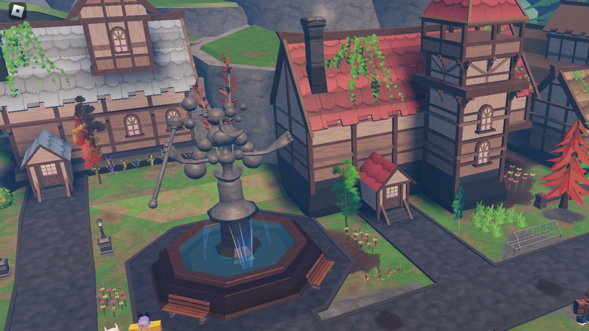 A scene from Roblox game Tales of Tanorio. It shows a sleepy village with a fountain.