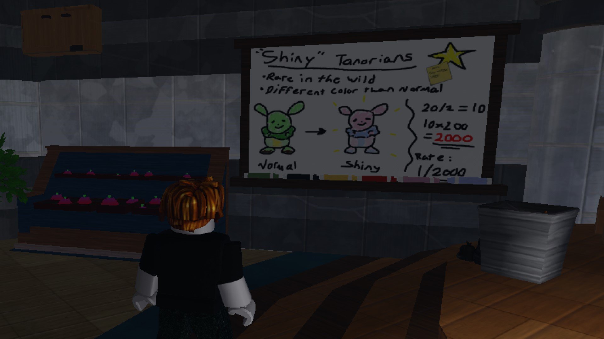 A character from Roblox game Tales of Tanorio standing in front of a whiteboard with information on Shiny Tanorians.