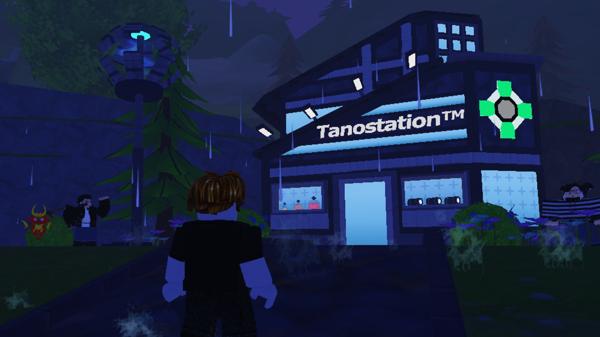 A character from Roblox game Tales of Tanorio standing in front of a Tanostation. It's dark and raining.