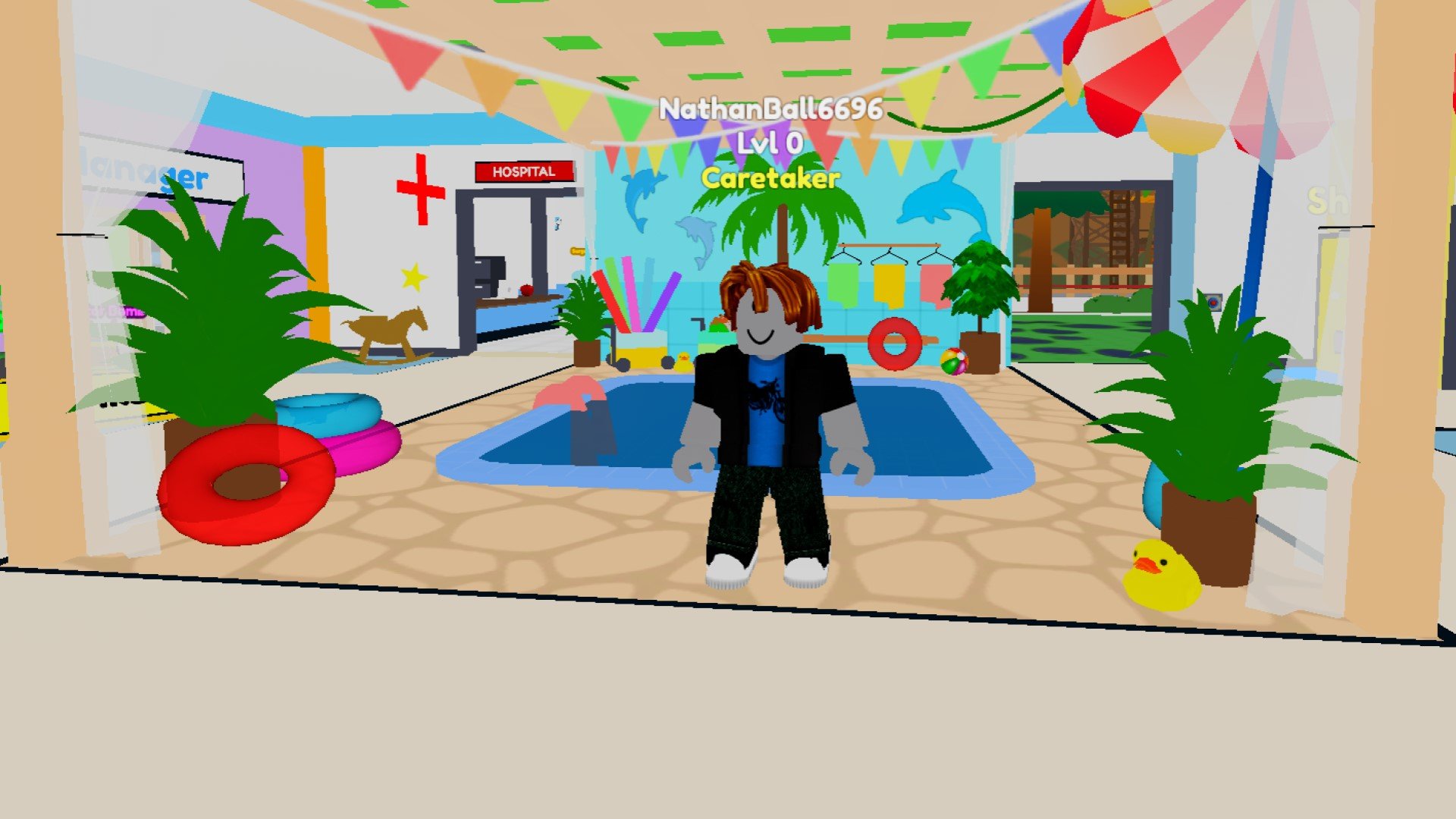 A character from Roblox game Twilight Daycare standing in front of a swimming pool.