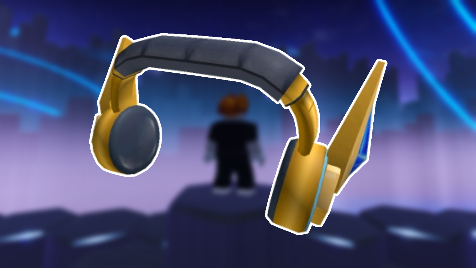An image of the Vault Star Headphones, a cosmetic item from Roblox game The Hunt: First Edition. In the background, a blurred screenshot from the game.