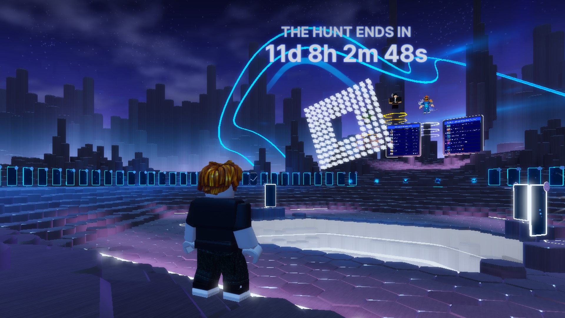A character from Roblox game The Hunt standing in front of a large floating Roblox logo. In the background, a dark blue environment lined with doors.
