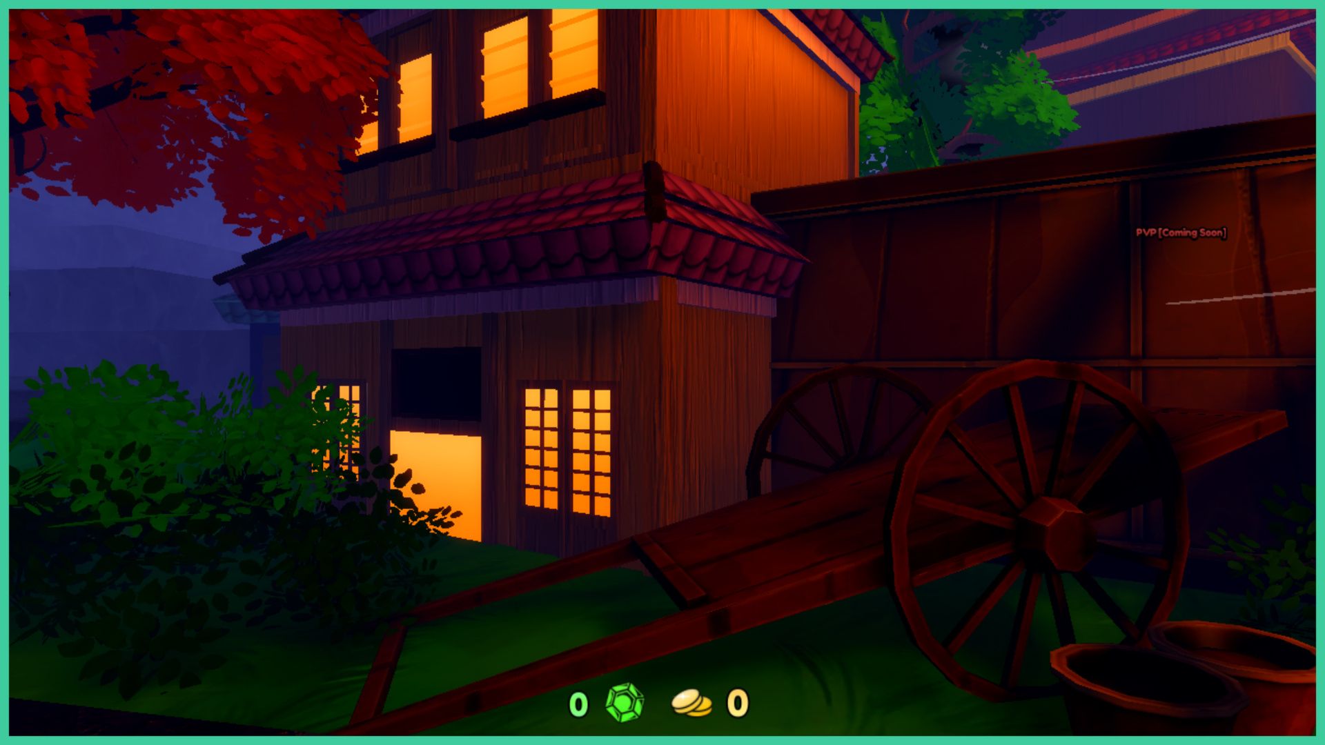 feature image for our anime last stand bruford guide, the image features a screenshot of an old style building with the lights on, with a wooden wagon outside next to 2 wooden buckets on the grass, there is a bush to the left of the house and a tree