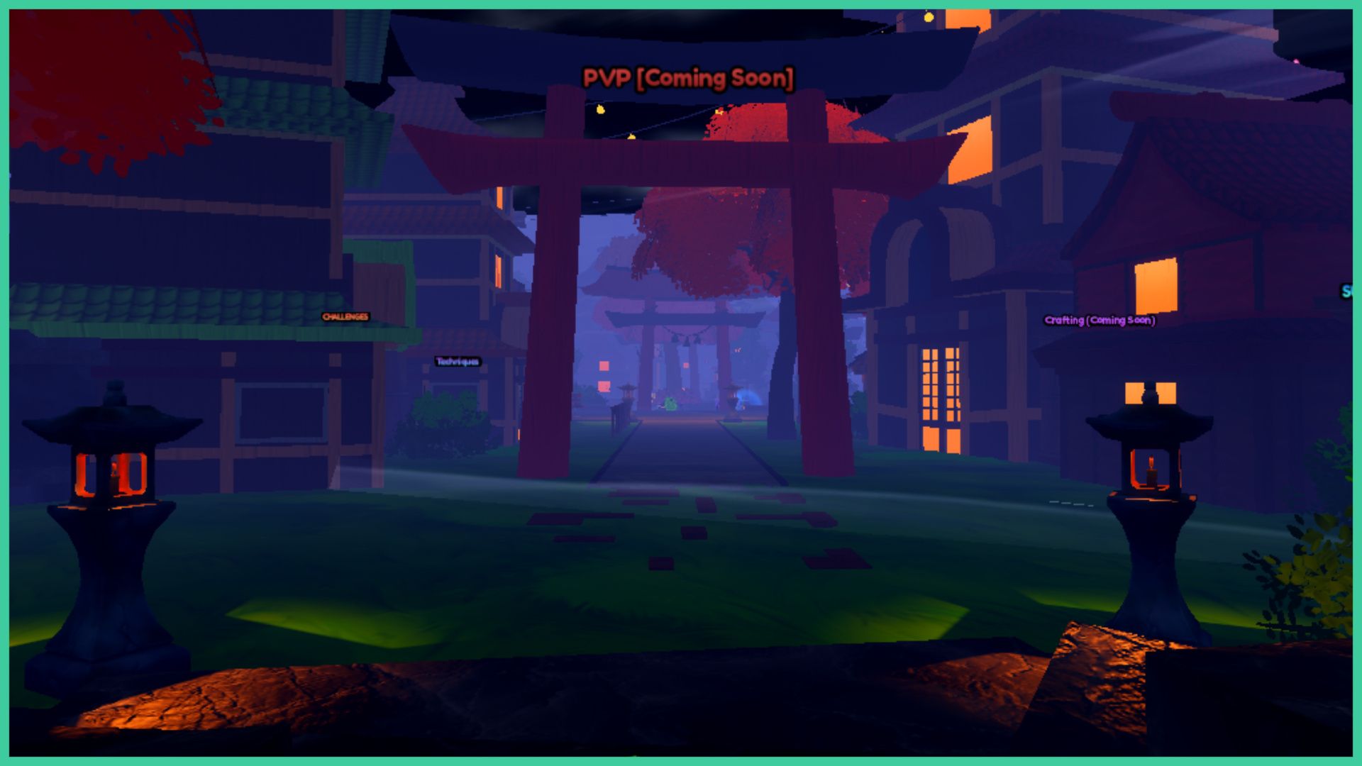 feature image for our anime last stand dark flash guide, the image features a screenshot of a large torii gate that leads to another one in the distance down a path that has traditional old style buildings on either side, accompanied by trees, there are 2 stone lanterns on the left and right from where the player is standing