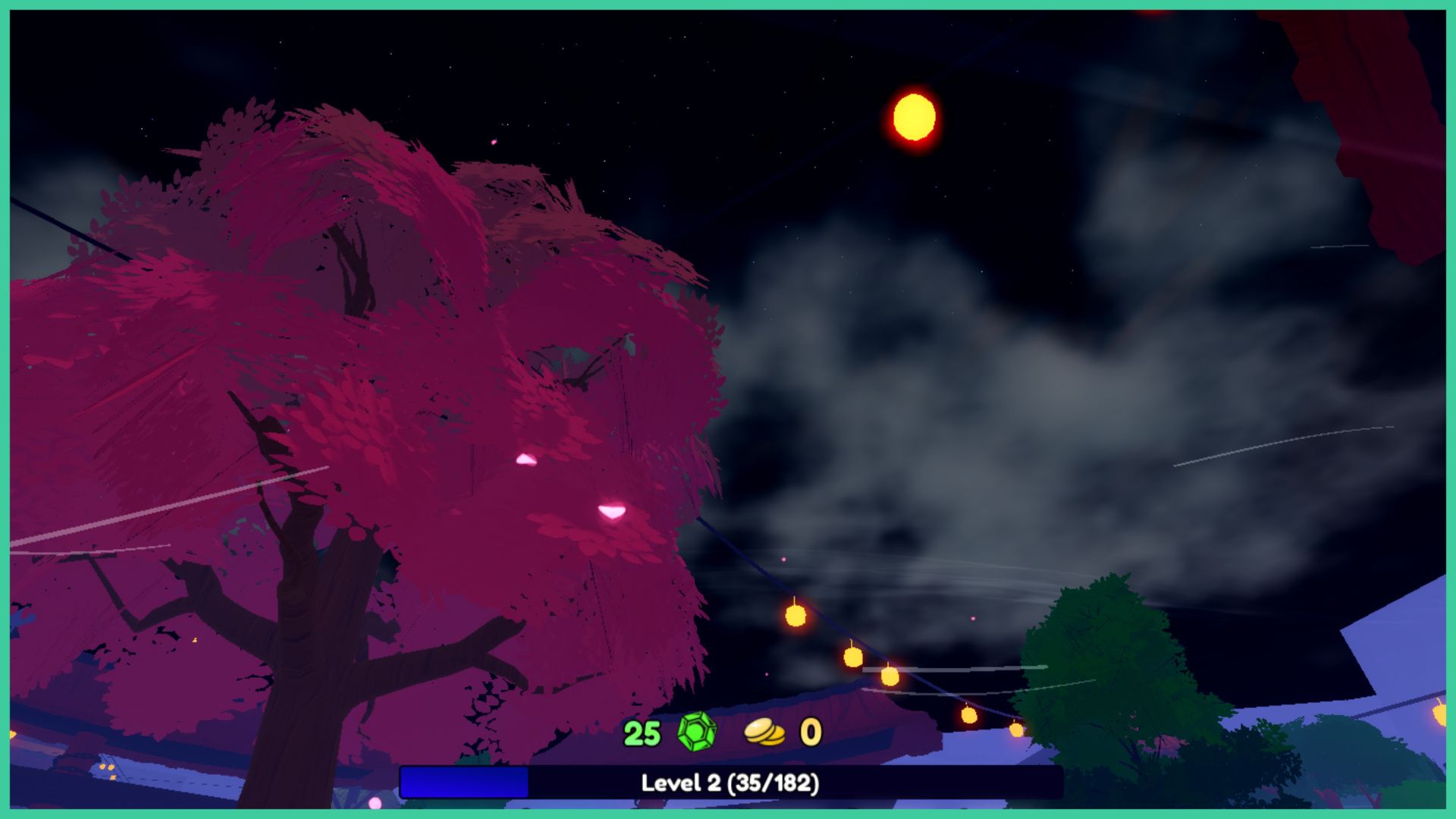 feature image for our anime last stand ghiaccio guide, the image features a screenshot of the sky as glowing lanterns suspend from the orange leaves in the trees with clouds in the dark sky