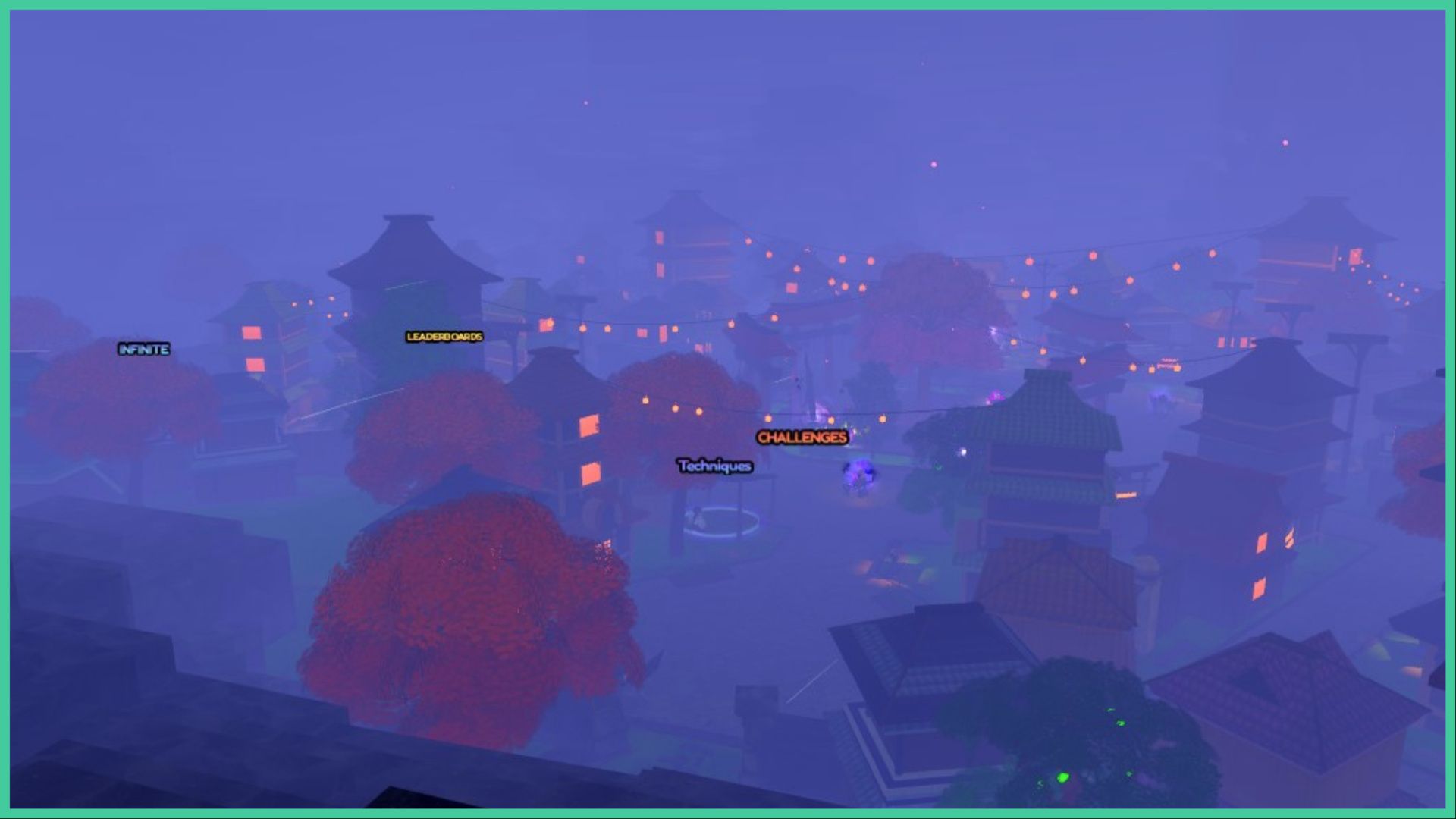 feature image for our anime last stand lightning queen guide, the image features a screenshot of the view from up a hill of the entire lobby area that's coated in mist with lanterns connect to the buildings to light up the space, some of the traditional style buildings have their amber hue lights on, and there are autumnal trees sprinkled around the area