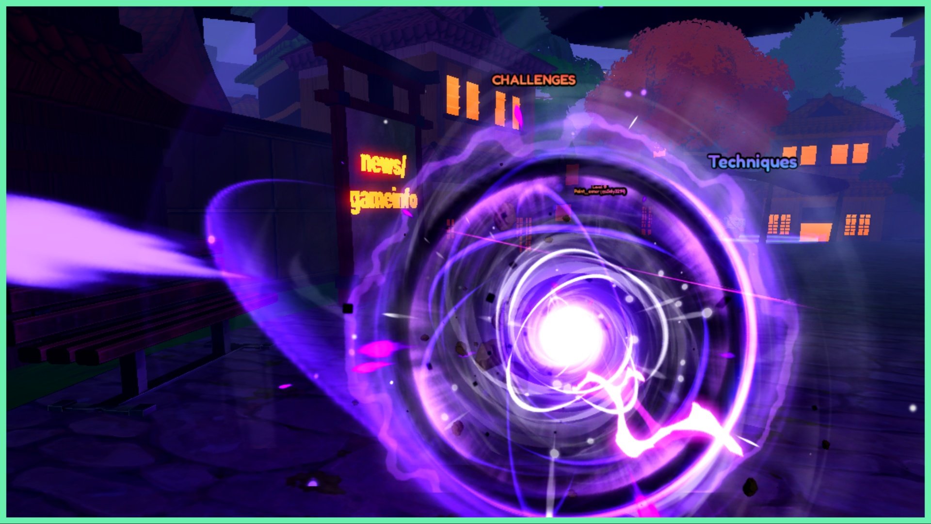 the image shows the lobby of ALS with a purple orb like portal in front of the buildings which is firing off sparks of purple electric