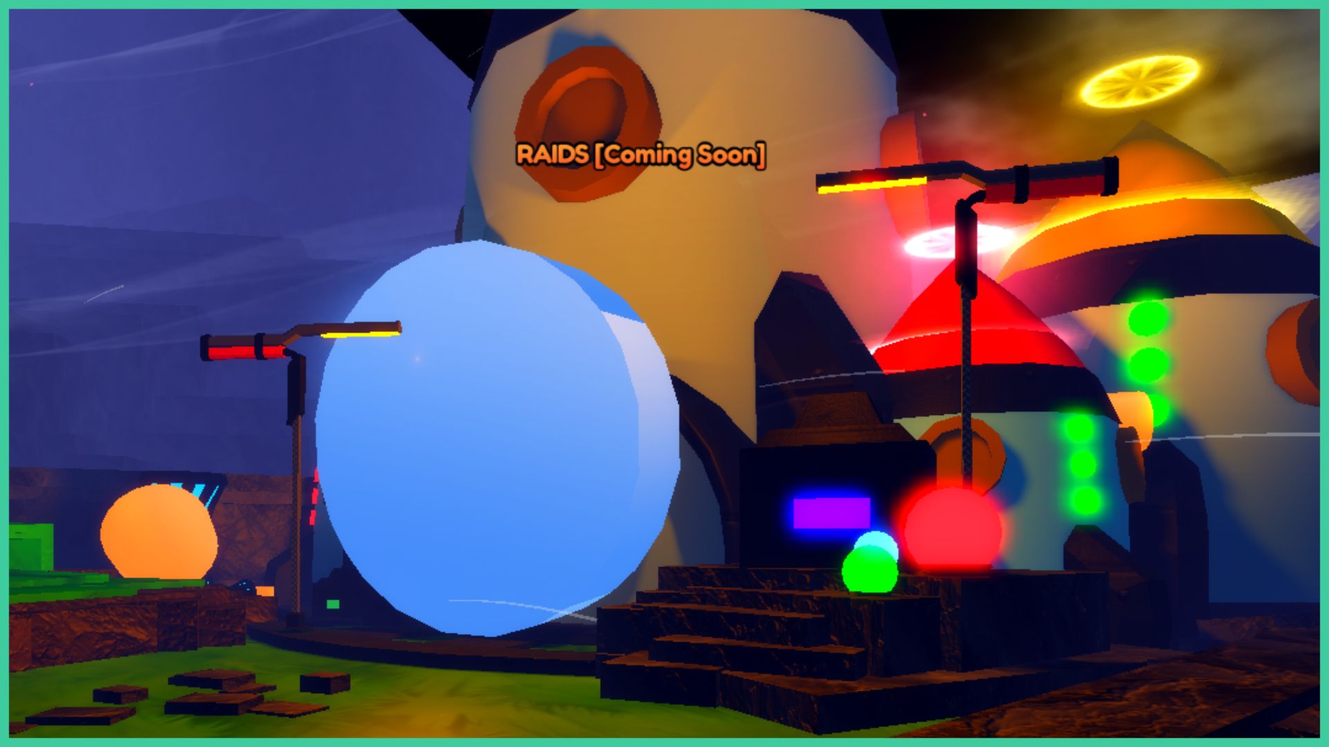 feature image for our anime last stand update 3 codes, the image features a screenshot of the rockets in the raid area with the text 'raids coming soon', there are 3 rockets with 2 smaller ones and glowing orbs on the steps leading up to the rockets, there are also futuristic streetlamps