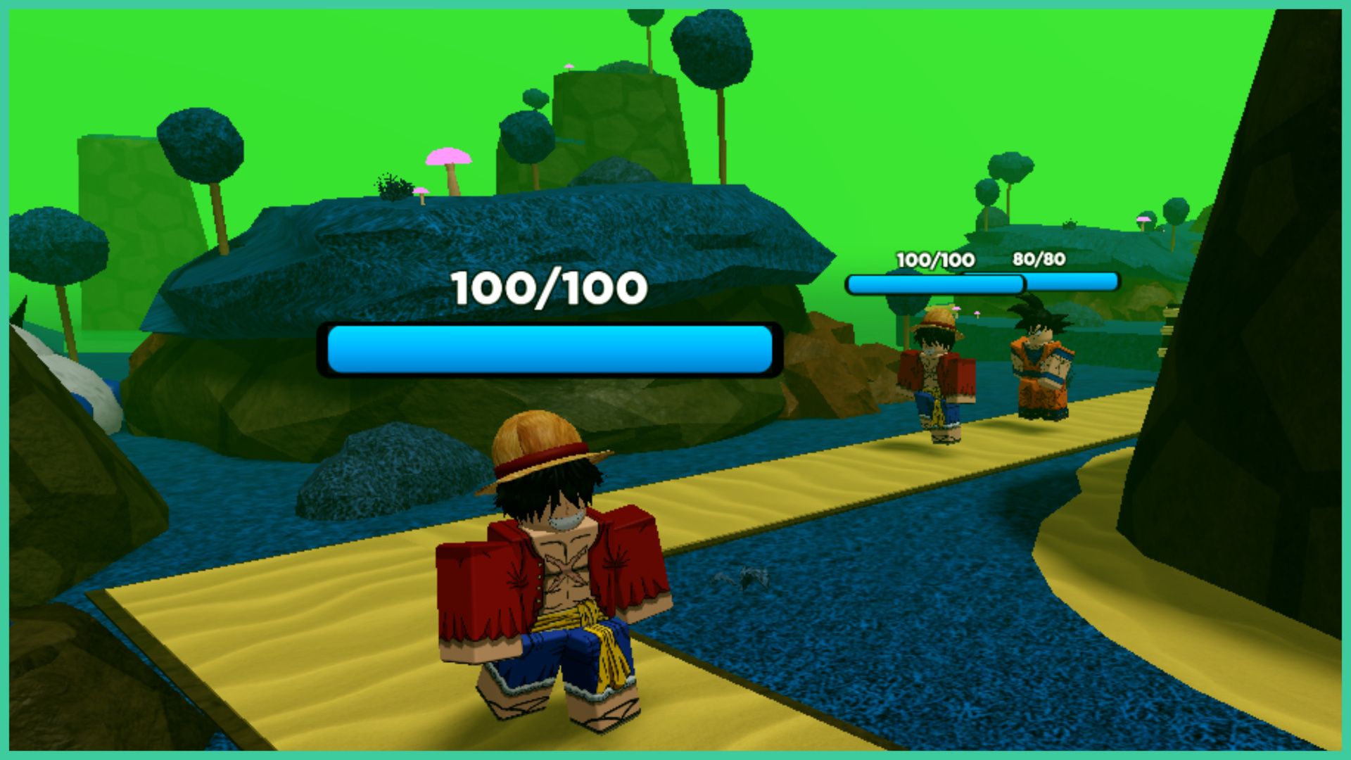 feature image for our anime rangers tier list, the screenshot includes 2 roblox versions of luffy from one piece and goku from dragon ball z as they follow a path, with a green sky, circular trees, glowing pink mushrooms, and various cliffs in the distance, they all have HP bars above their heads, with luffy having 100/100 and goku having 80/80