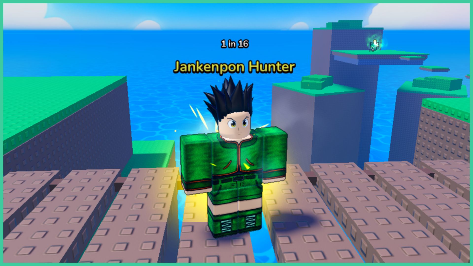 feature image for our anime rng characters guide, it is a screenshot of a roblox player dressed as gon from the hunter x hunter series, with the text 'jankenpon hunter, 1 in 16' above their head, they are standing on a wooden bridge between two grass hills, with the ocean in the background and wooden platforms that act as an obstacle course