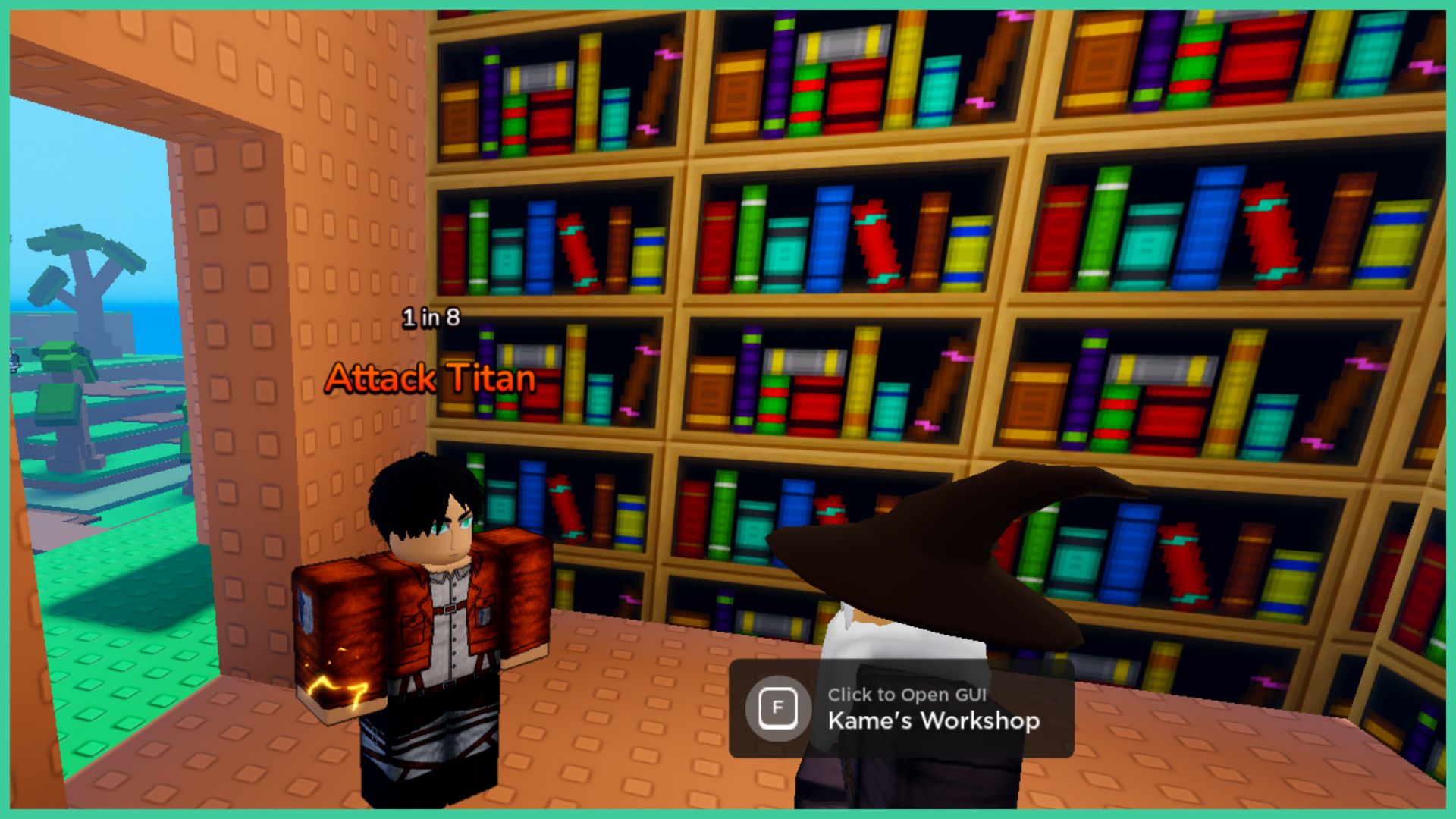 feature image for our anime rng grimoires guide, the image features a screenshot from the game of a roblox version of eren from attack on titan standing inside of a small library with bookshelves filled with a variety of books with a wizard NPC wearing a wizard hat