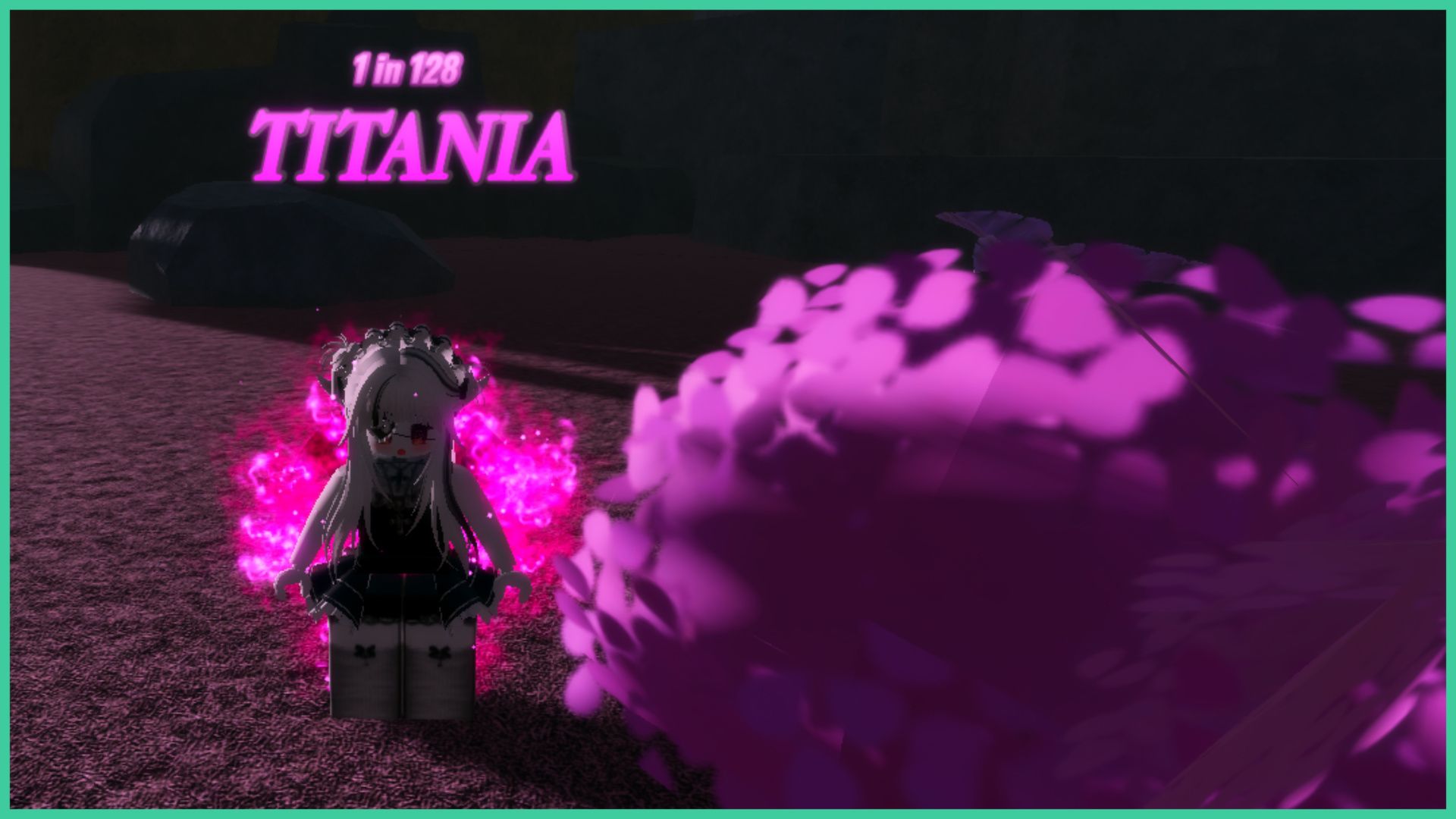 feature image for our anime roulette auras guide, the image was taken during the sakura day time event as the player stands next to a pink sakura bush as they wear the titania aura that surrounds the player in pink flames