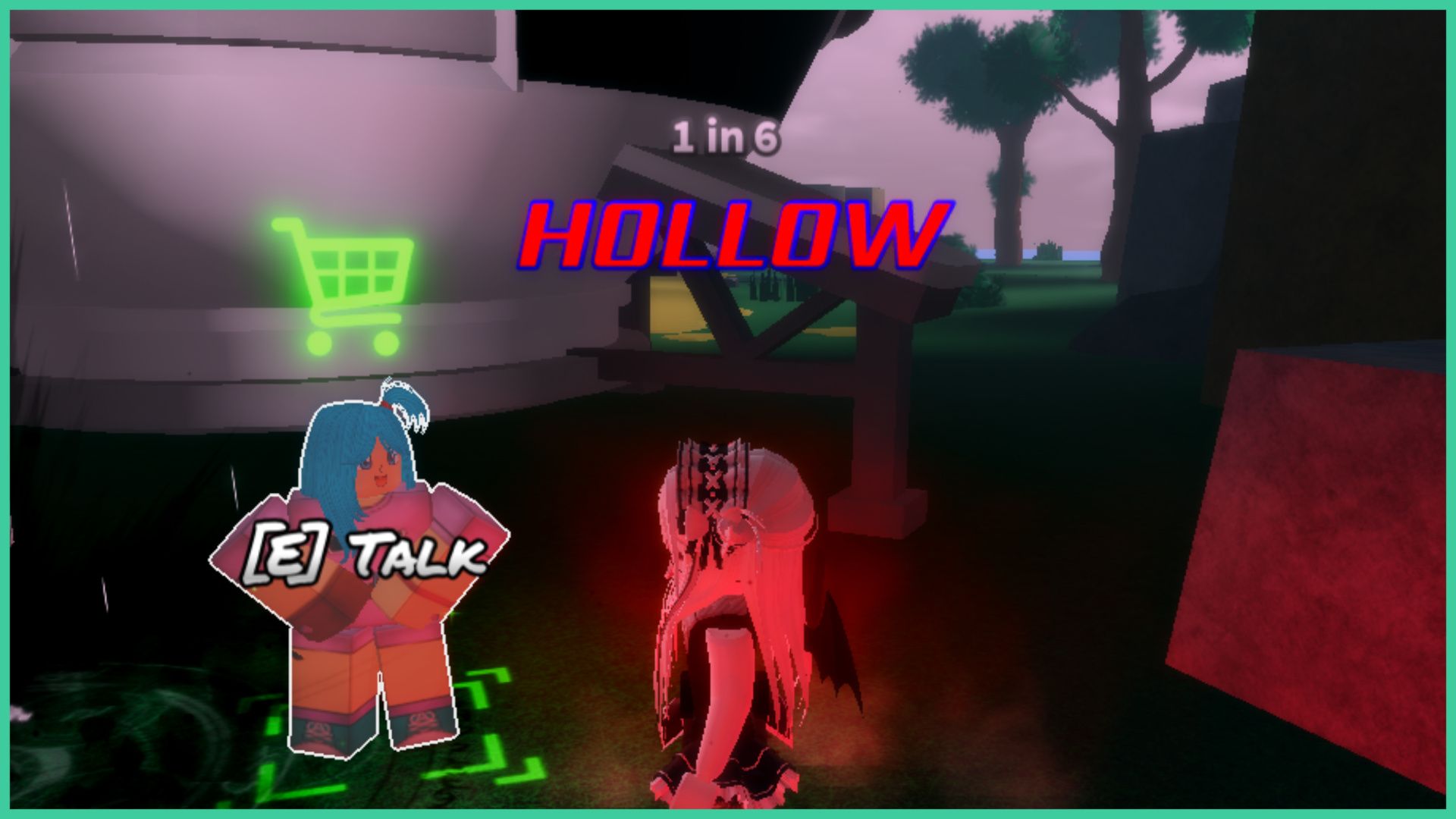 feature image for our anime roulette crafting guide, a roblox player equipped with the hollow aura which casts a red glow around them is standing next to the bulma NPC who is based on bulma from the dragon ball Z franchise, she has a shopping cart symbol above her head as she stands in front of a spaceship
