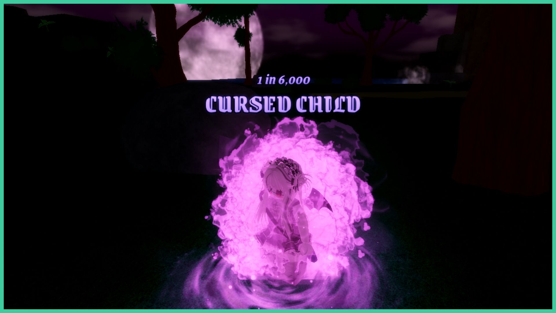 feature image for our anime roulette events guide, the image is a screenshot of a roblox player with a pink mist around them as they equip the cursed child aura, with the moon rising in the dark sky behind the trees